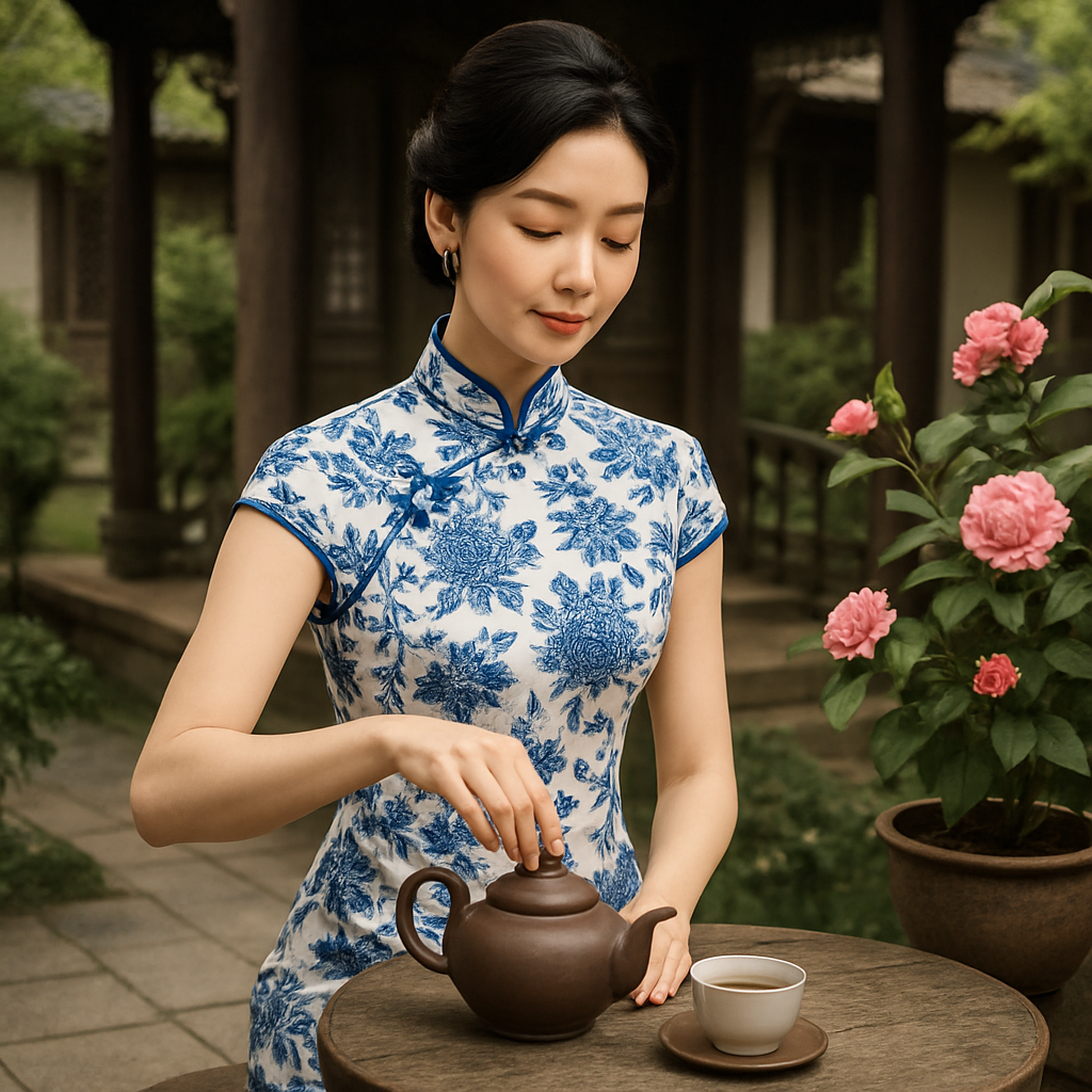 一位身着青花旗袍、优雅端庄的东方女子，举手投足间散发典雅气质，待人处事谦和有礼，常在古色古香的庭院中品茶赏花。