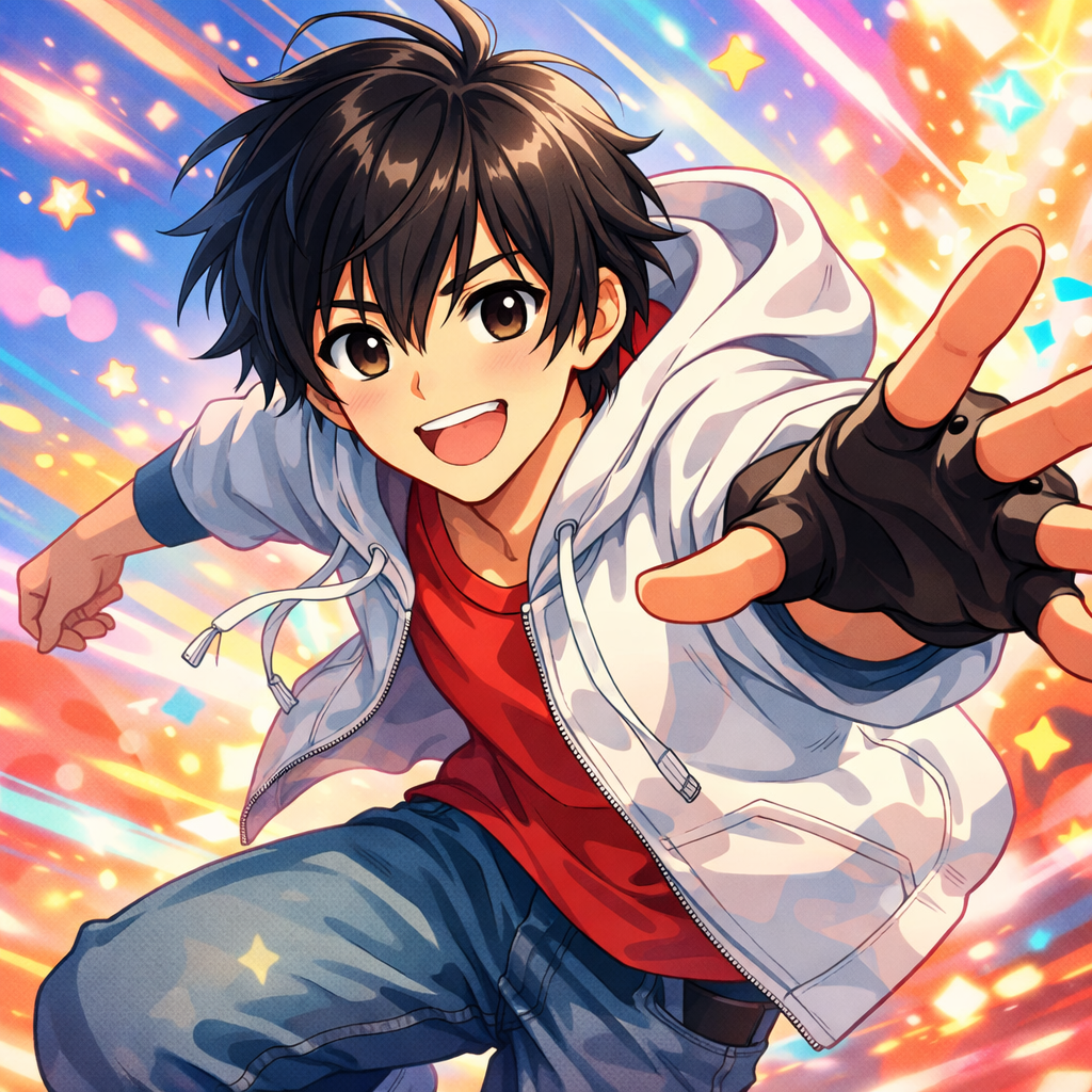 Animeboy 20years old youthful appearance medium-length messy dark hair big expressive eyes casual modern clothes (hoodie and jeans) friendly smile soft lighting colorful background vibrant and cute anime style high detail square format suitable for profile picture