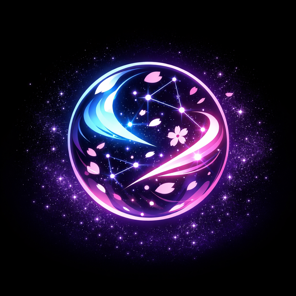 "Teljesenegyedi anime stílusú profilkép az 'Anime World Hungary'-nek. Központ: lebegő univerzum gömb benne absztrakt fényformák sakura-szirom-szerű rajzolatok kardívek csillagképszerű szimbólumok. Háttér: sötét éjfekete → mélylila gradient digitális csillagpor. Stílus: modern anime × grafikus logó letisztult ikonikus középre rendezett. Nincs szöveg nincs magyar zászlóra vagy színekre utalás."