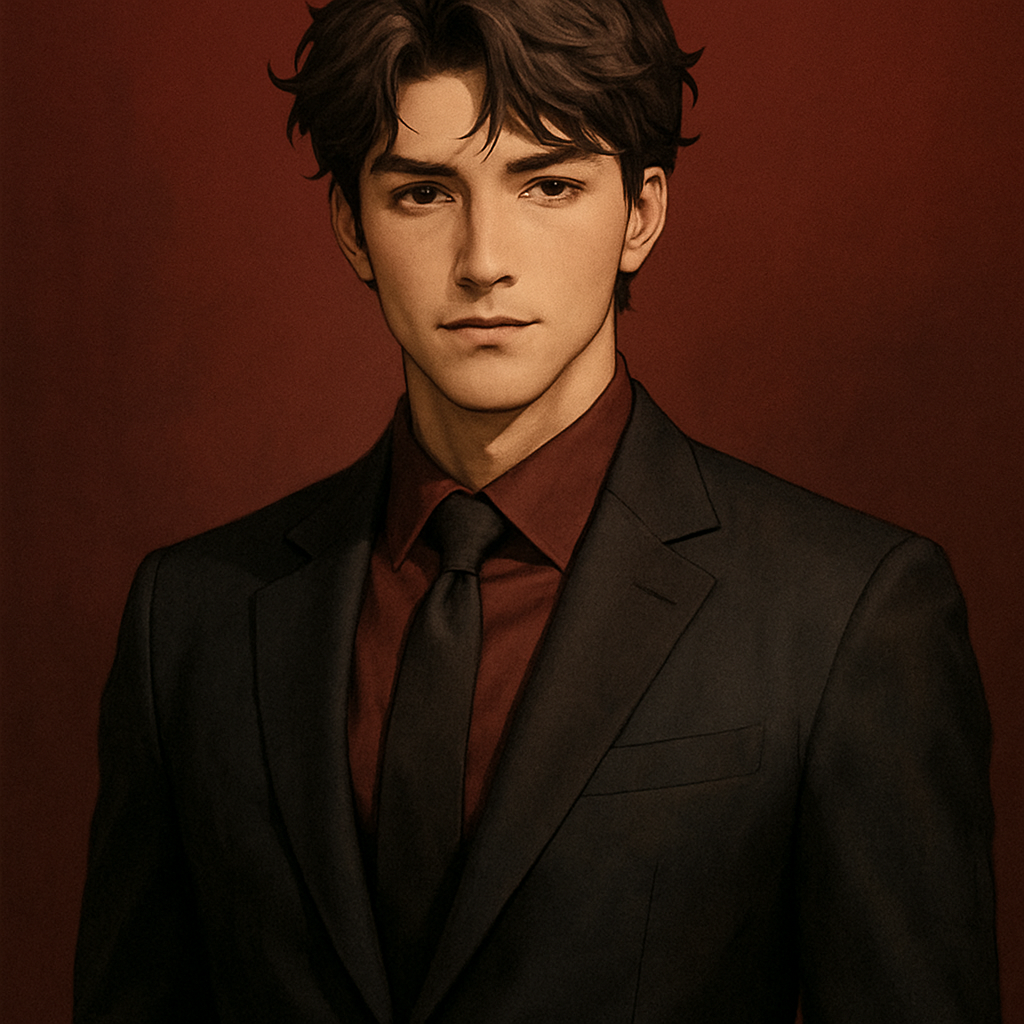 Arealistic anime-style male character portrait wearing a classy outfit with black and dark red shades blended as shadows. The background should have a gradient from dark red at the top to burgundy at the bottom. Skin tone natural not too pale like a normal human. Hair realistic slightly wavy and messy but neat. The overall vibe is calm confident and stylish."