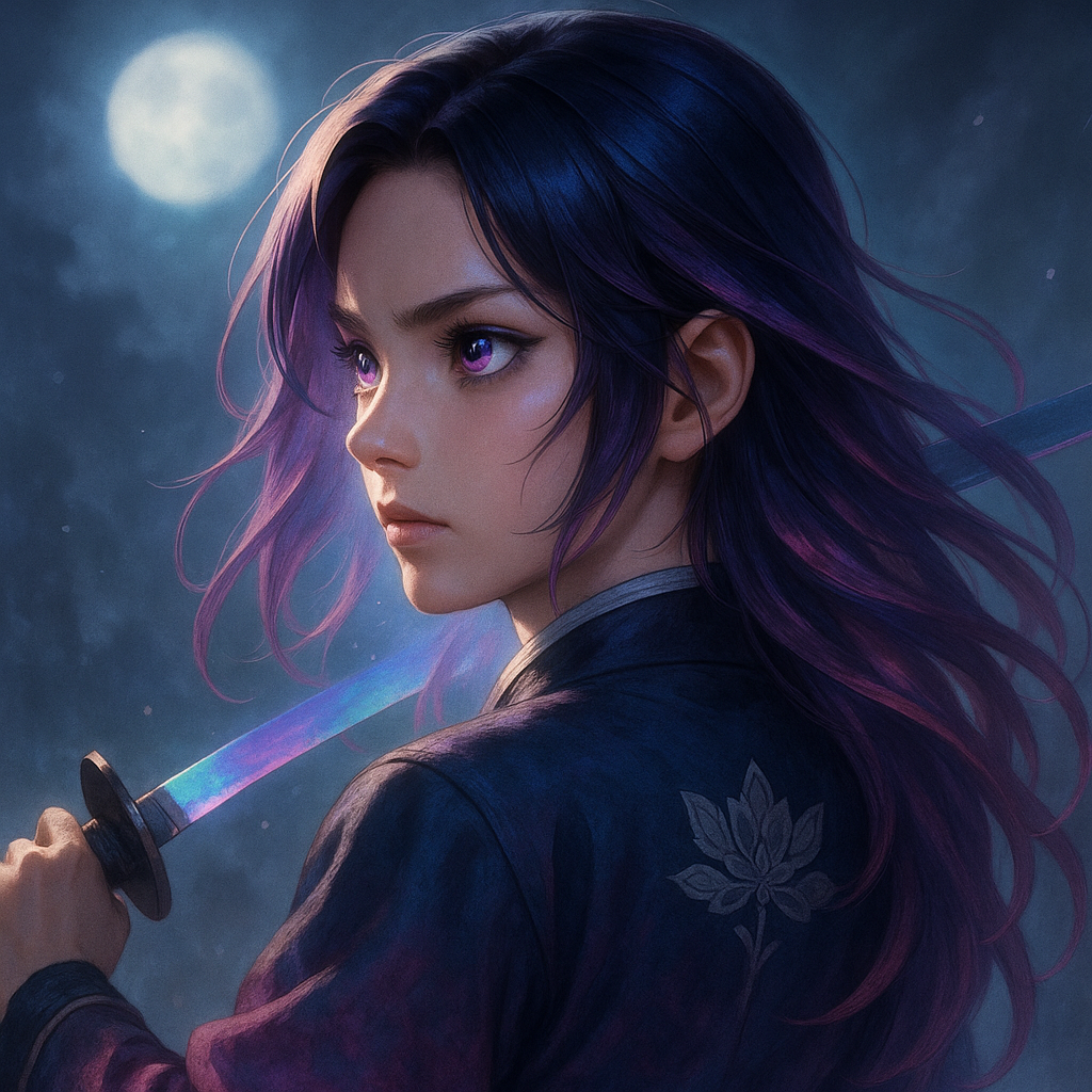 “Close-upanime-style female warrior portrait shoulder view long hair with violet and pink highlights glowing softly violet eyes shining with determination. She wears a dark uniform with a robe fading blue to pink and silver lotus patterns on the collar. A faint iridescent katana glow reflects in her eyes. Misty moonlit background blurred soft glowing aura around her face detailed and aesthetic perfect profile picture.”