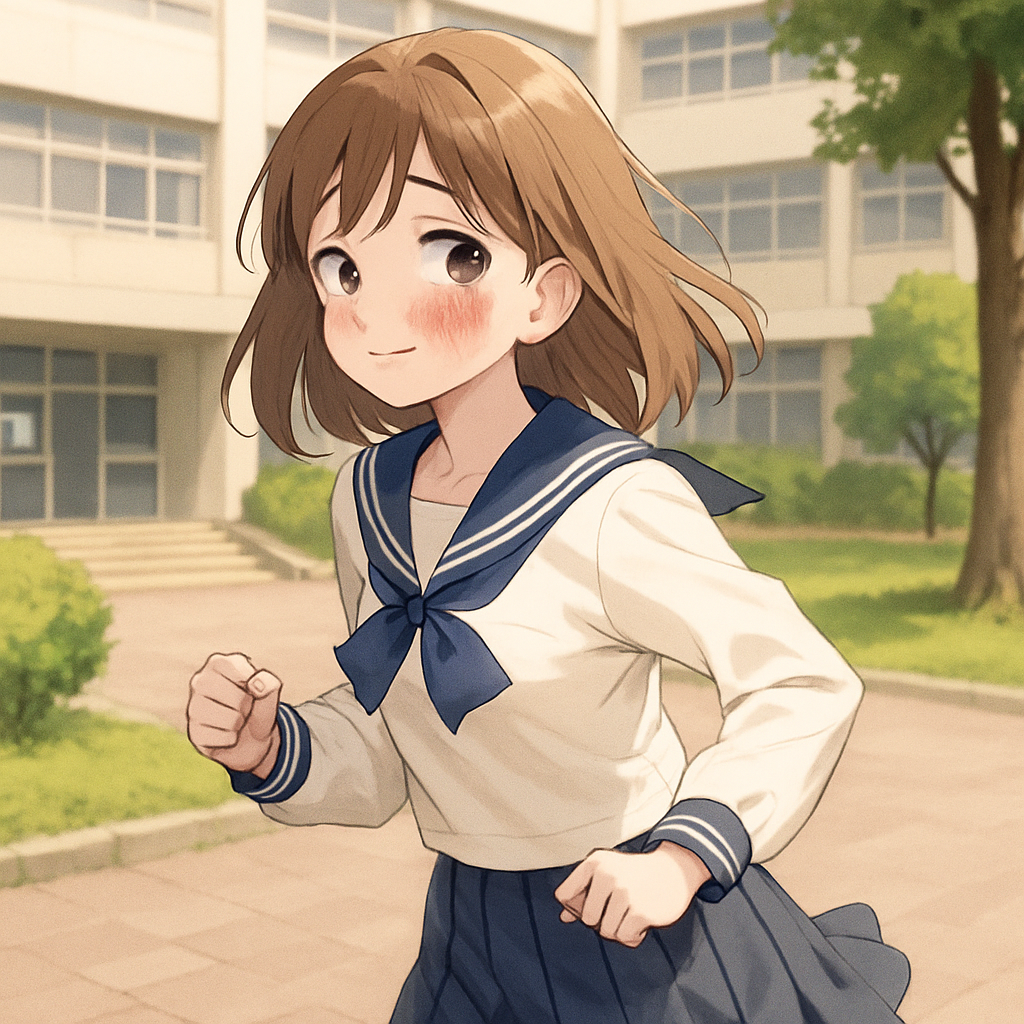 一位留着齐肩浅棕色长发、身穿浅色水手服的少女，天真烂漫，性格温柔害羞，经常脸颊泛红，会在校园里轻快地小跑，时不时偷瞄暗恋的学长。