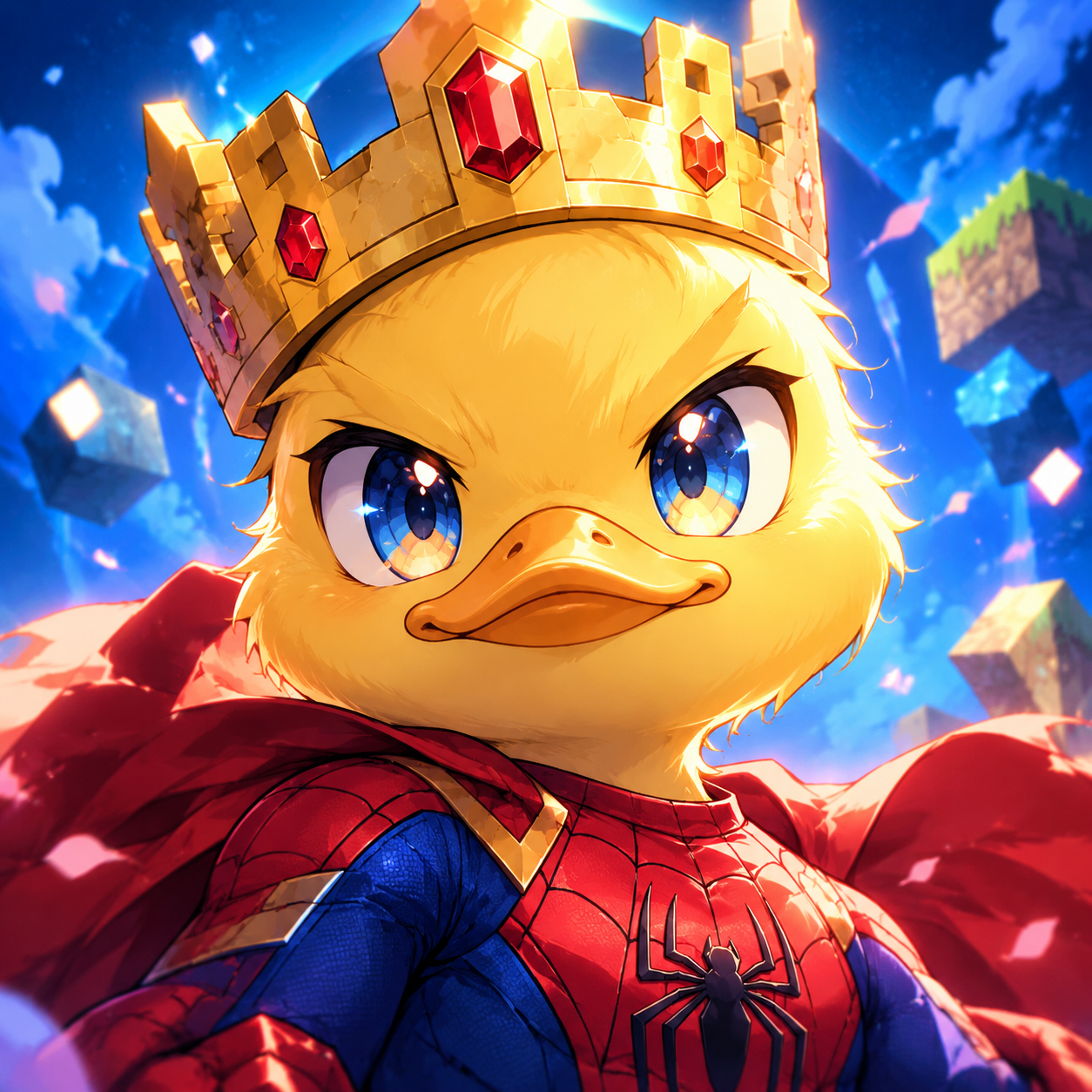 Createan original wholesome non-sexual anime profile picture based on the description. Anime-style Spider Duck a cute but powerful yellow duck wearing a red-and-blue spider superhero suit golden Technoblade-inspired crown Minecraft-inspired blocky details glowing expressive eyes heroic pose dramatic lighting blue background clean sharp lines highly detailed epic gaming YouTube profile picture centered character square 1:1 composition no text no watermark. 🦆🕷️👑. shoujo-inspired anime portrait aesthetic elegant linework soft luminous colors expressive eyes delicate floral or bokeh accents graceful lighting. centered profile-picture composition head-and-shoulders framing clear facial features coherent anatomy polished lighting clean background separation high detail high resolution - shoujo anime profile picture