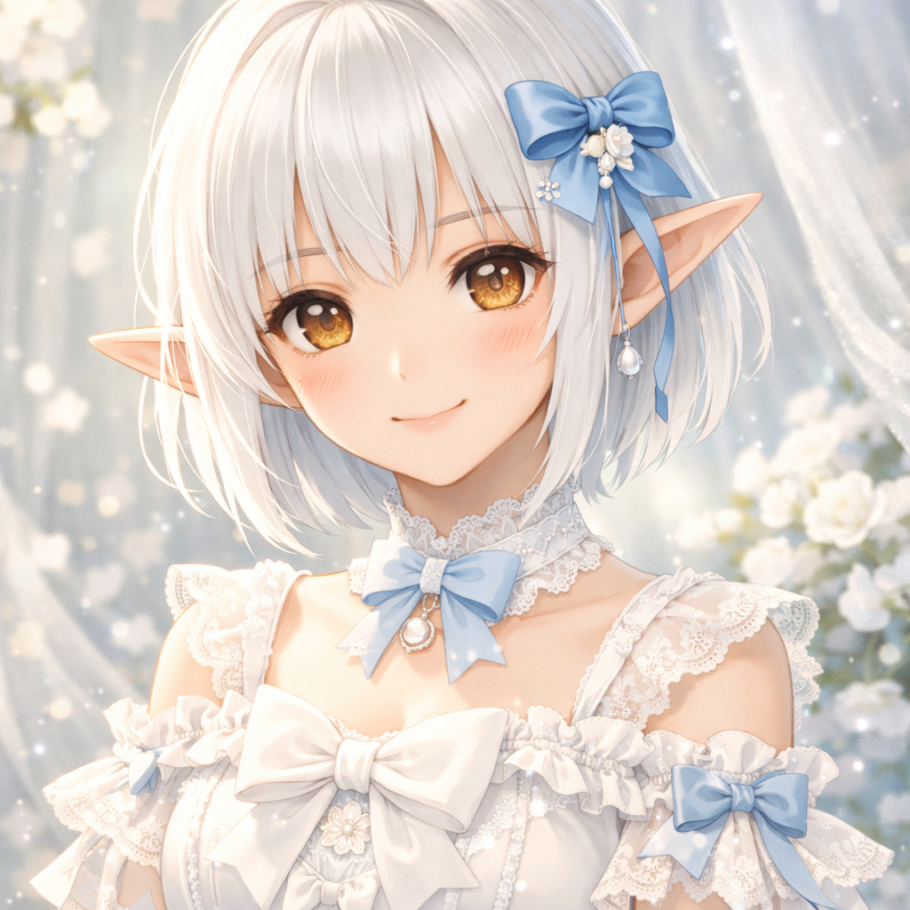 白色短发，齐刘海。表情温柔微笑，有浅浅酒窝。特征为精灵尖耳，眼睛是晶莹的琥珀色。装扮是带有蕾丝和蝴蝶结的白色洋装。发饰是蓝色丝带发卡。清新、甜美、梦幻