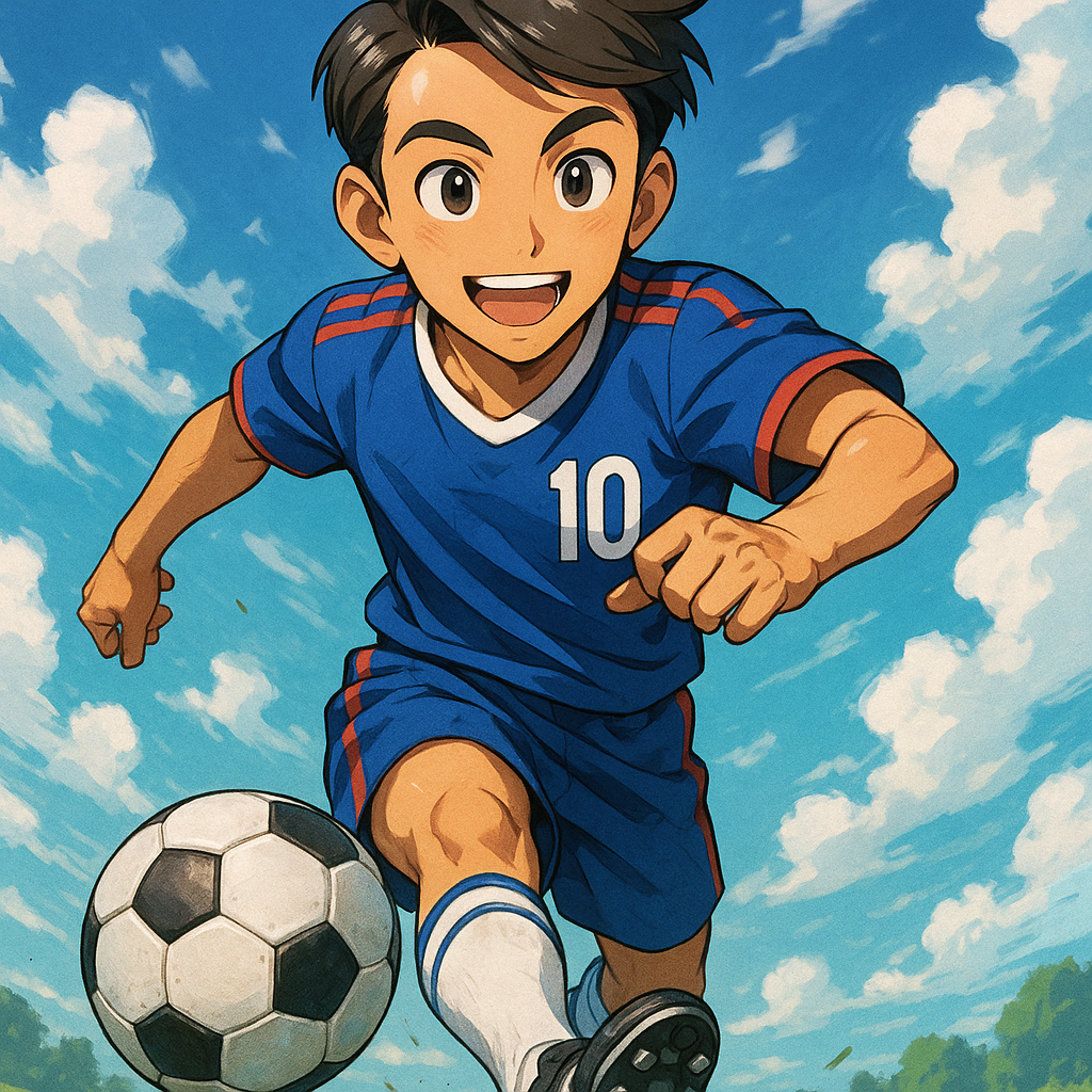 優しい笑顔、七三分け、さわやか、少し日焼け、
サッカーのユニフォームで10番