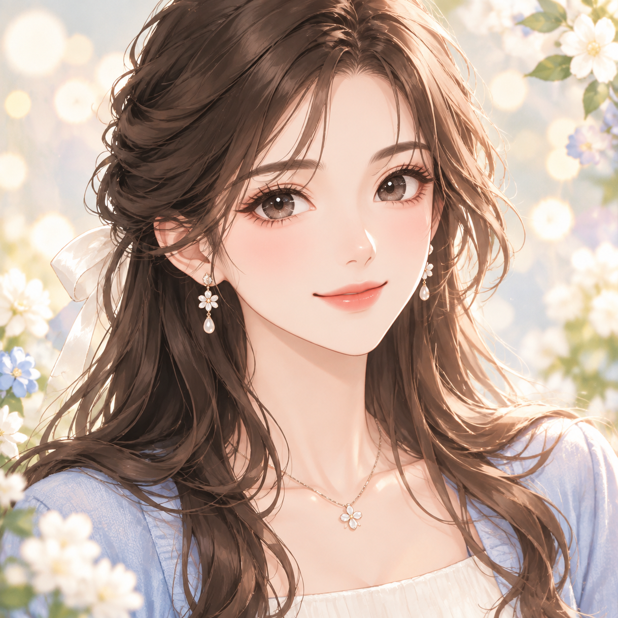 Createan original wholesome non-sexual anime profile picture based on the description. An original adult anime character with a friendly confident expression polished hairstyle tasteful modern outfit and a clean softly lit background. shoujo-inspired anime portrait aesthetic elegant linework soft luminous colors expressive eyes delicate floral or bokeh accents graceful lighting. centered profile-picture composition head-and-shoulders framing clear facial features coherent anatomy polished lighting clean background separation high detail high resolution - shoujo anime profile picture