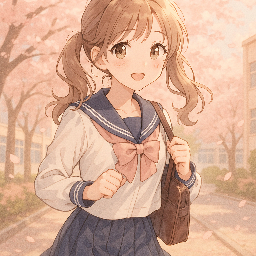 一位穿着水手服制服、扎着双马尾的少女，带着温柔甜美的笑容，性格开朗活泼却略显腼腆，在樱花纷飞的校园里，轻轻握着书包带小跑着。