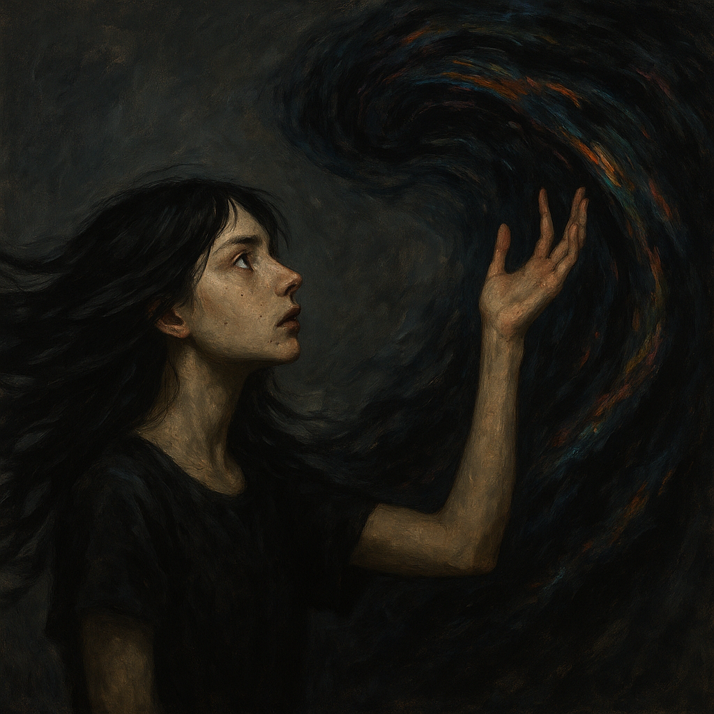 黑长发飘扬手抬起向上寻求 从身后散发出一股黑色但仍然有各种各样的颜色蕴藏其中的浪潮 回应少女 左眼下方有痣鼻梁有痣 左脸颊有痣 整体画风沉郁 表现出希望和绝望并存的感觉