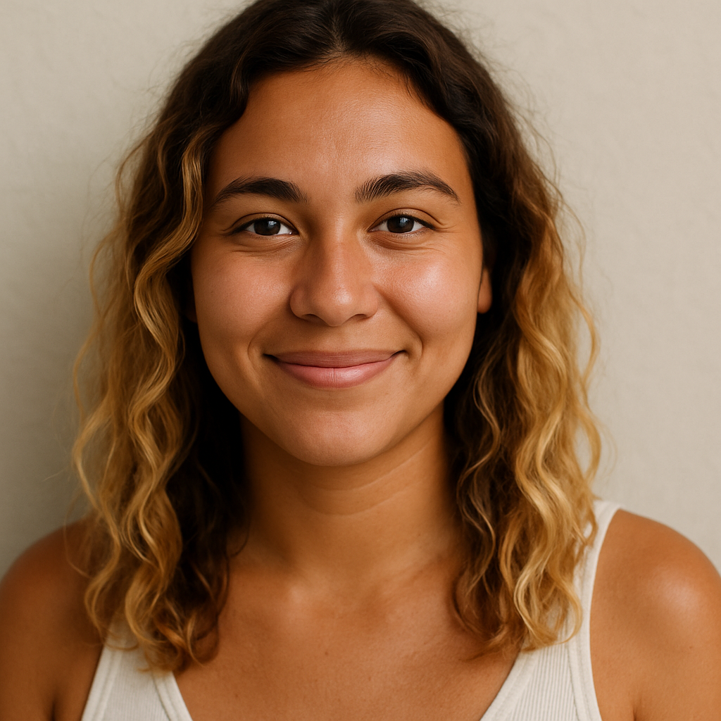 Gentlesmile
Wavy brown hair but the hair was bleached blonde before 
Dark brown eyes
Trimmed eyebrows 
Oval to round face 
Suntanned 
Wearing white tan top