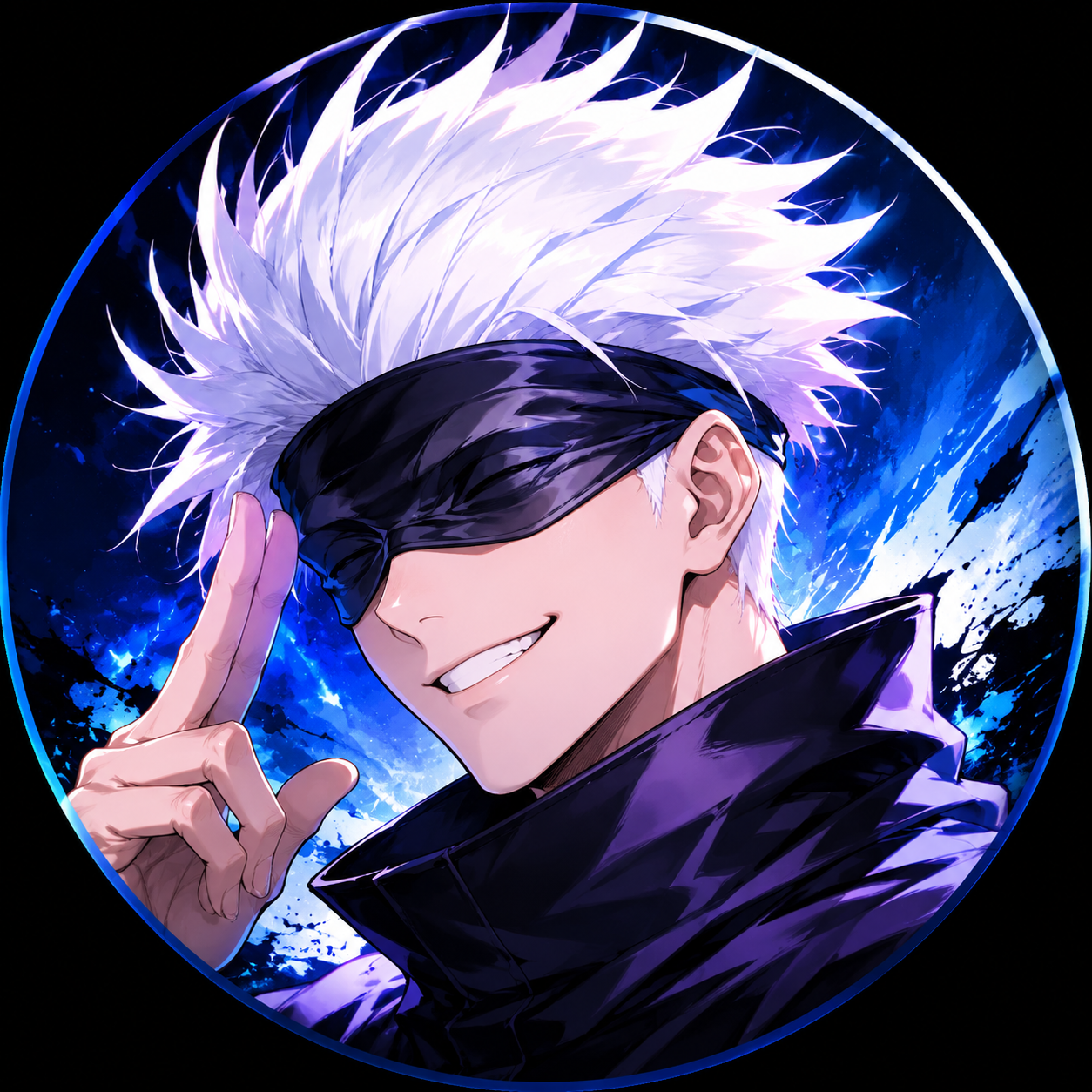 Createan original wholesome non-sexual anime profile picture based on the description. 五条悟. shonen-inspired anime portrait aesthetic bold clean linework energetic expression dynamic composition vivid colors dramatic rim lighting. centered profile-picture composition head-and-shoulders framing clear facial features coherent anatomy polished lighting clean background separation high detail high resolution - shonen anime profile picture