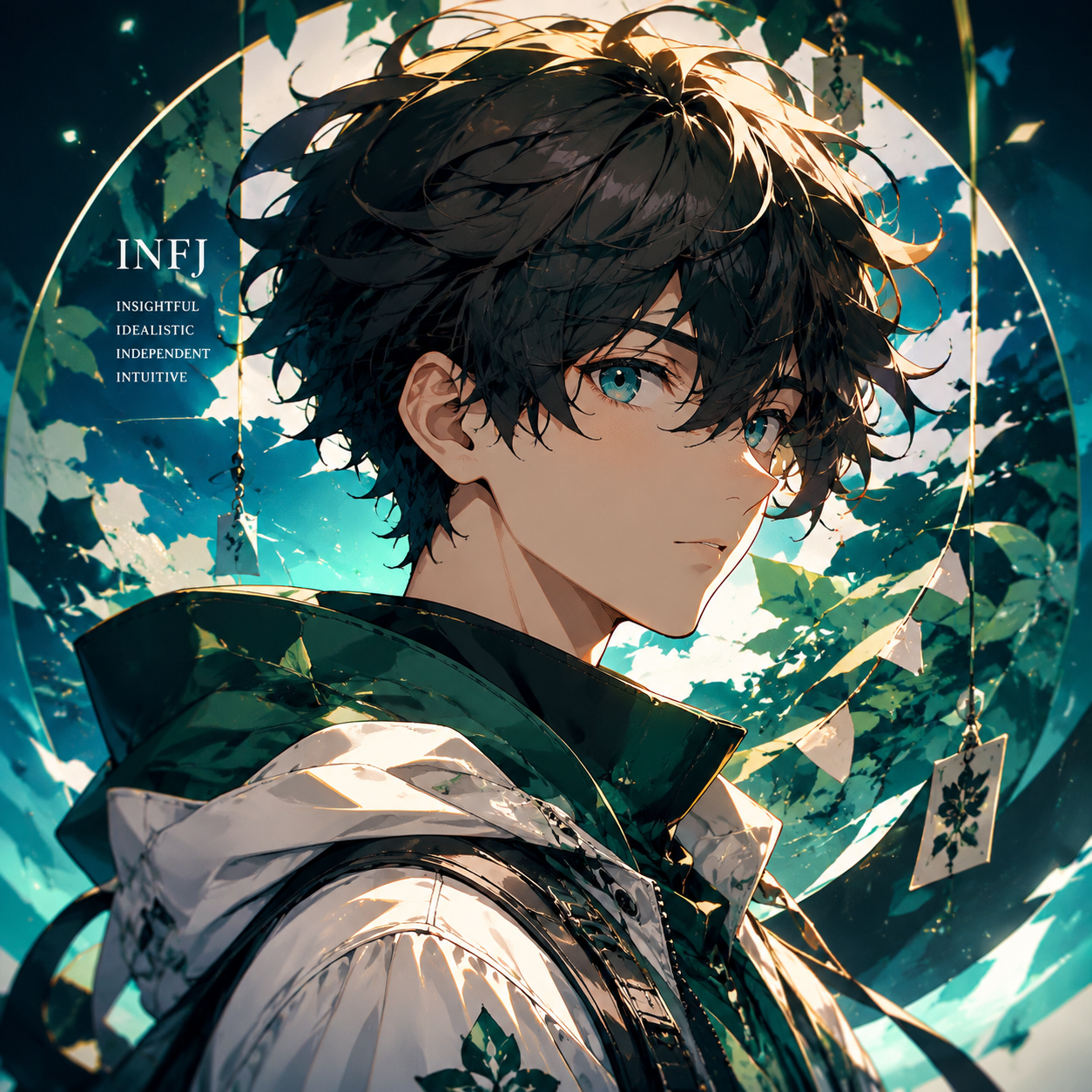 Createan original wholesome non-sexual anime profile picture based on the description. 生成男生infj头像. shonen-inspired anime portrait aesthetic bold clean linework energetic expression dynamic composition vivid colors dramatic rim lighting. centered profile-picture composition head-and-shoulders framing clear facial features coherent anatomy polished lighting clean background separation high detail high resolution - shonen anime profile picture