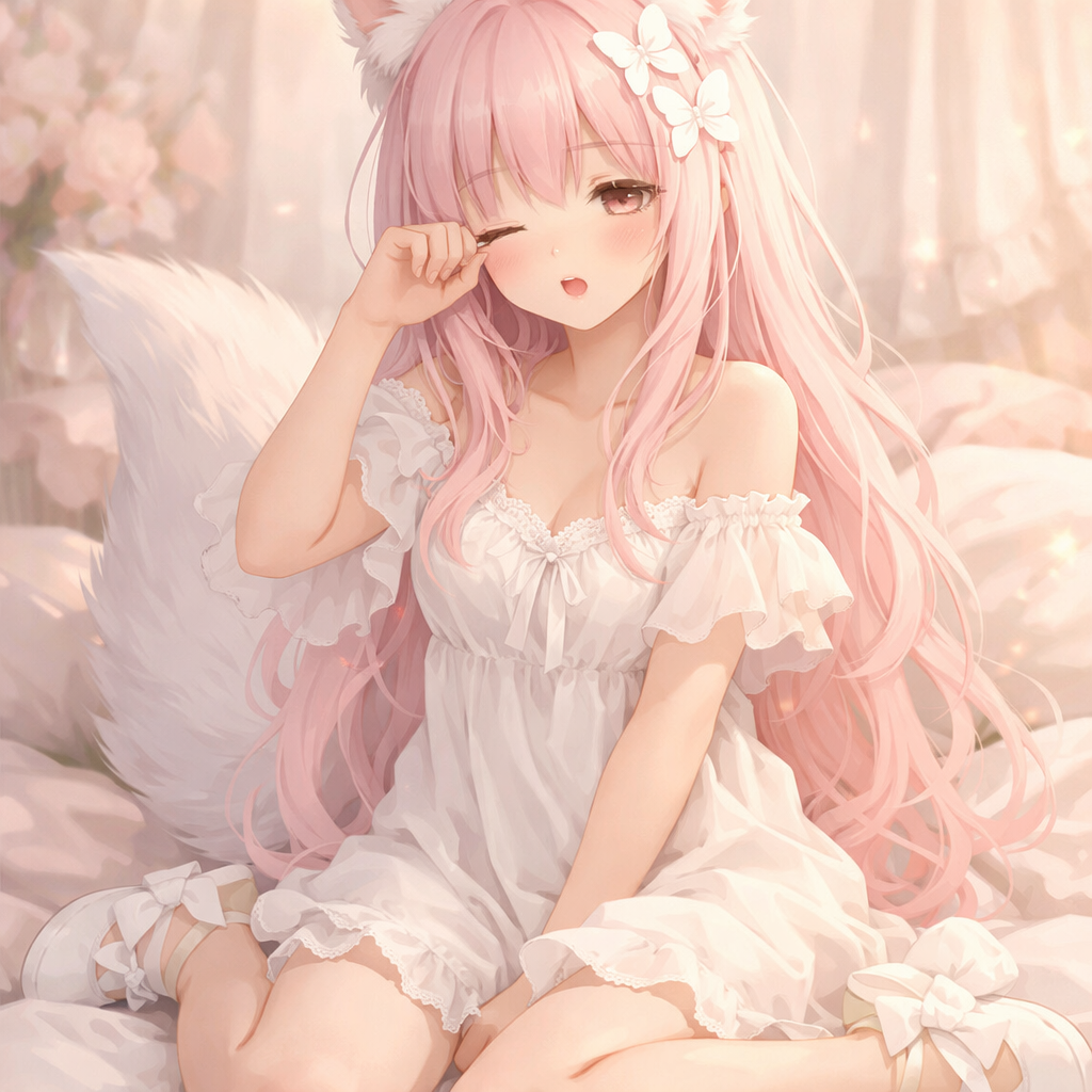 粉色的长发，带着白色蝴蝶头饰，一身白色的裙子，白色鞋子，带着白色蝴蝶结，有一双白色狐狸耳朵，刚睡醒的样子，有一条的狐狸尾巴