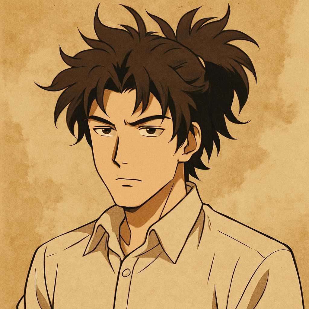 animepfp of a man with big messy tied hair having a neutral face expression with a long sleeve dress shirt