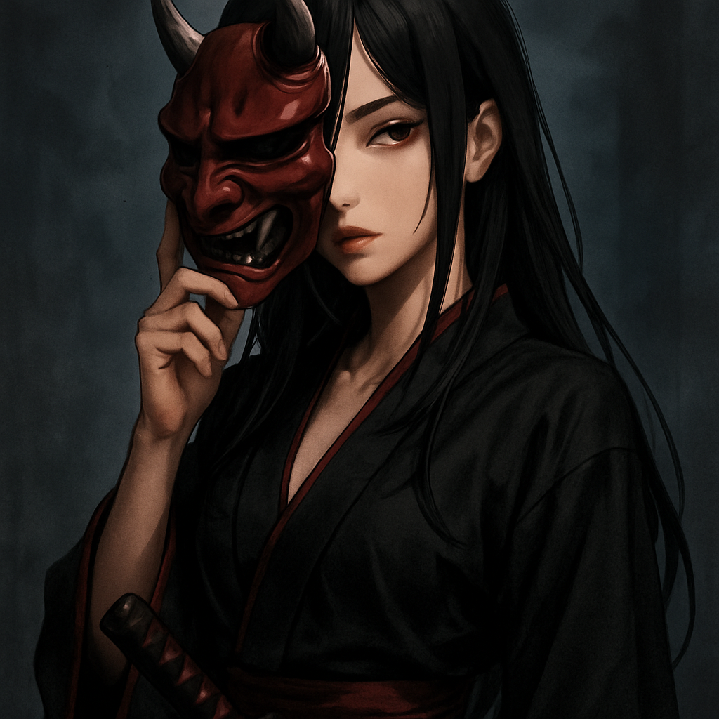 Makeme an Anime samurai style i want a cool and mysterious type of look possibly maybe just black hair halfway on mask make it look crispy make it more hot and seductive perhaps make the background cooler and the mask make it full with her halfway putting it on slightly revealing her face make the robe black with reddish accents