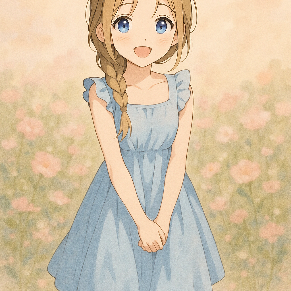 -Hairstyle:One Braid middle part two strands in the front
-outfit: Cute baby blue summerdress till the knees black Mary Jane’s 
-Expression: Smiling brightly 
- light skin blue eyes dark blonde hair