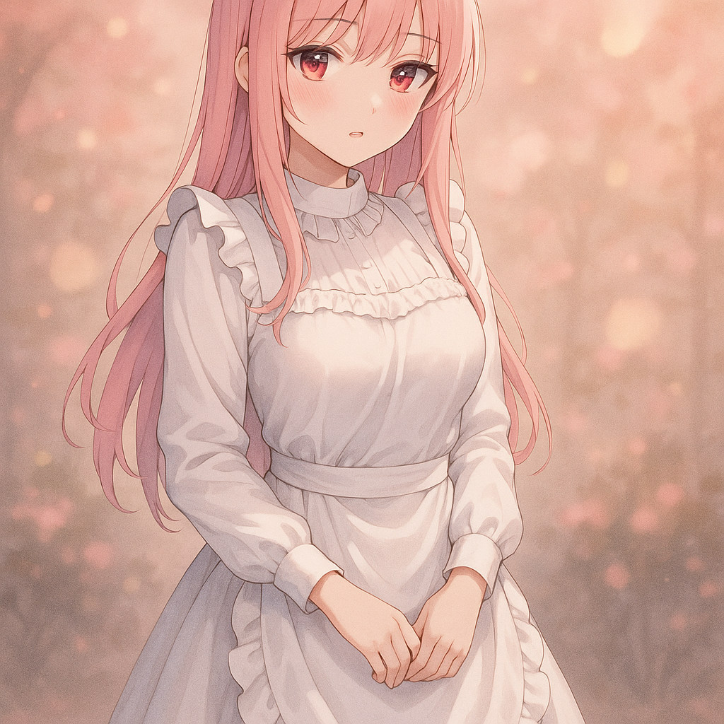 Sheis a 19 years old beautiful young girl with straight long pink hair and red eyes and has medium sized breasts. She is 163 cm tall.Hime wears a long white maid dress which hugs her curves perfectly. It has ruffles along the hem and sleeves as well as frills at the neckline. On top of that she wears an apron tied neatly in front. The skirt goes down below her knees while still allowing freedom of movement. Over all this clothing sits another layer consisting mainly of petticoats that extend past mid-thigh level giving off more of an elegant look.