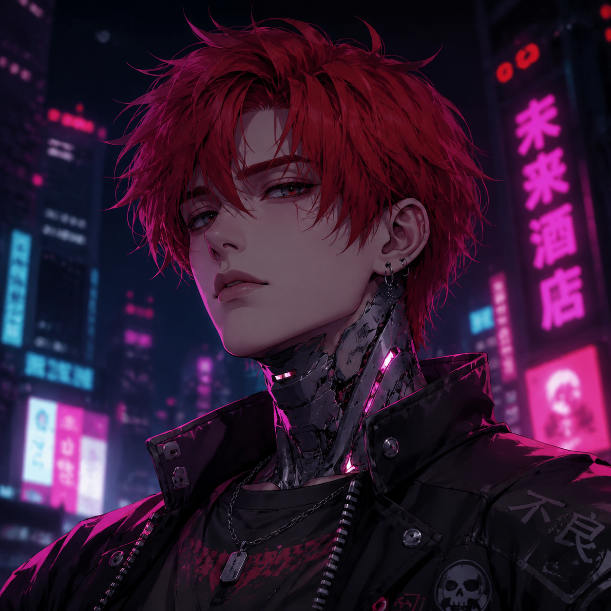 Createan original wholesome non-sexual anime profile picture based on the description. 红发 喉咙有义体 混混装 摇青的颓废感 男士. cyberpunk anime portrait aesthetic futuristic fashion neon city lighting subtle technological details vivid magenta and cyan accents cinematic contrast. centered profile-picture composition head-and-shoulders framing clear facial features coherent anatomy polished lighting clean background separation high detail high resolution - cyberpunk anime profile picture Createan original wholesome non-sexual anime profile picture based on the description. 红发 喉咙有义体 混混装 摇青的颓废感 男士. cyberpunk anime portrait aesthetic futuristic fashion neon city lighting subtle technological details vivid magenta and cyan accents cinematic contrast. centered profile-picture composition head-and-shoulders framing clear facial features coherent anatomy polished lighting clean background separation high detail high resolution - cyberpunk anime profile picture