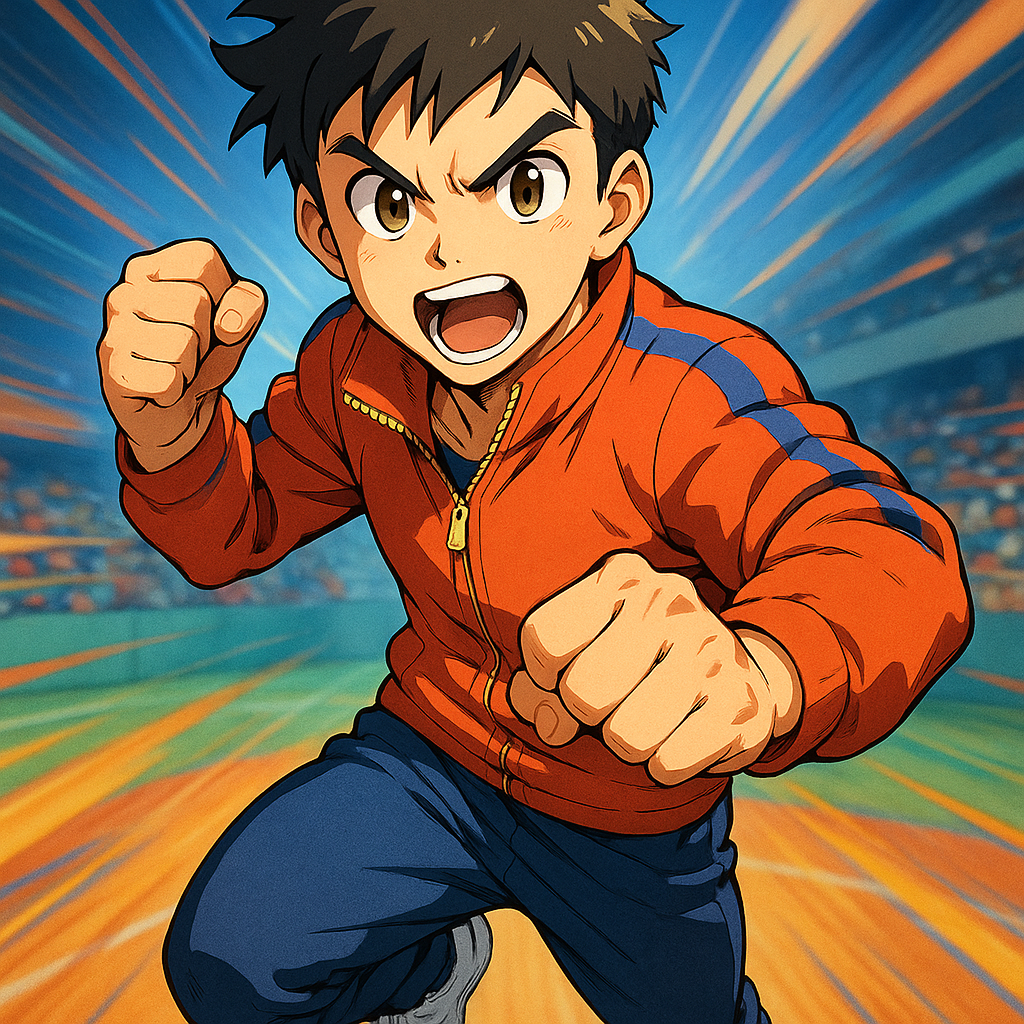 16岁的shonen身材挺拔 留着竖起的黑色短发 炯炯有神的双眼透着坚定 身着简洁的运动外套和长裤。性格开朗阳光却又固执己见 面对困难时总是大喊"我一定能行" 靠着顽强的意志和不懈的特训努力变强 在竞技场上挥洒着热血与汗水 与同伴们携手追逐着成为最强选手的梦想。帅气男孩风格