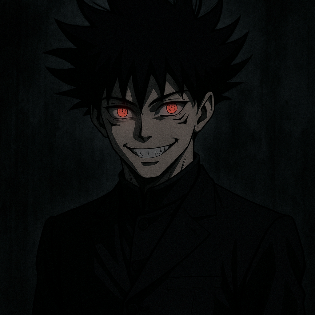 Blackhairs 
Black anime suit 
Eyes sukuna
Face smiling and neither laughing nor smiling 
Avatar looks like goku