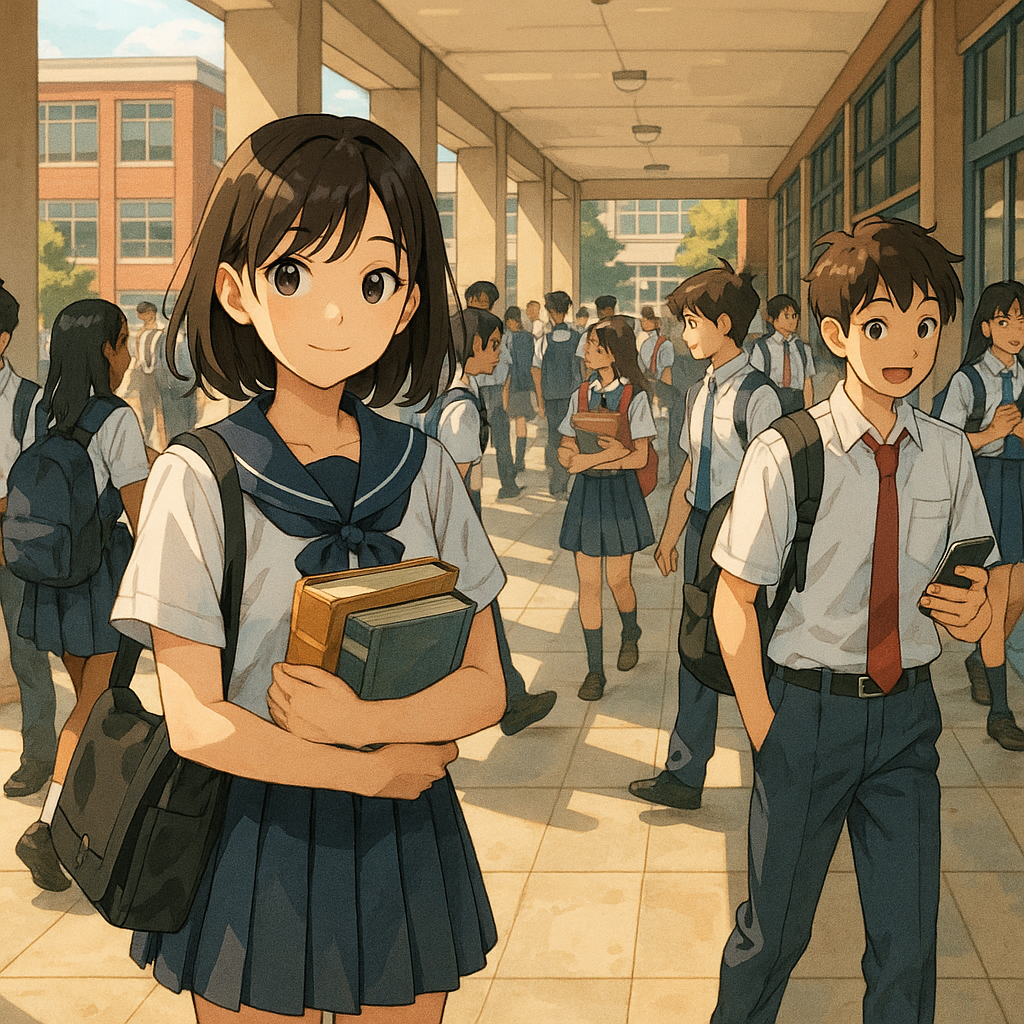 Abustling high school campus filled with diverse students walking through sunlit corridors where worn textbooks and modern technology blend seamlessly creating an energetic atmosphere of learning and growth.