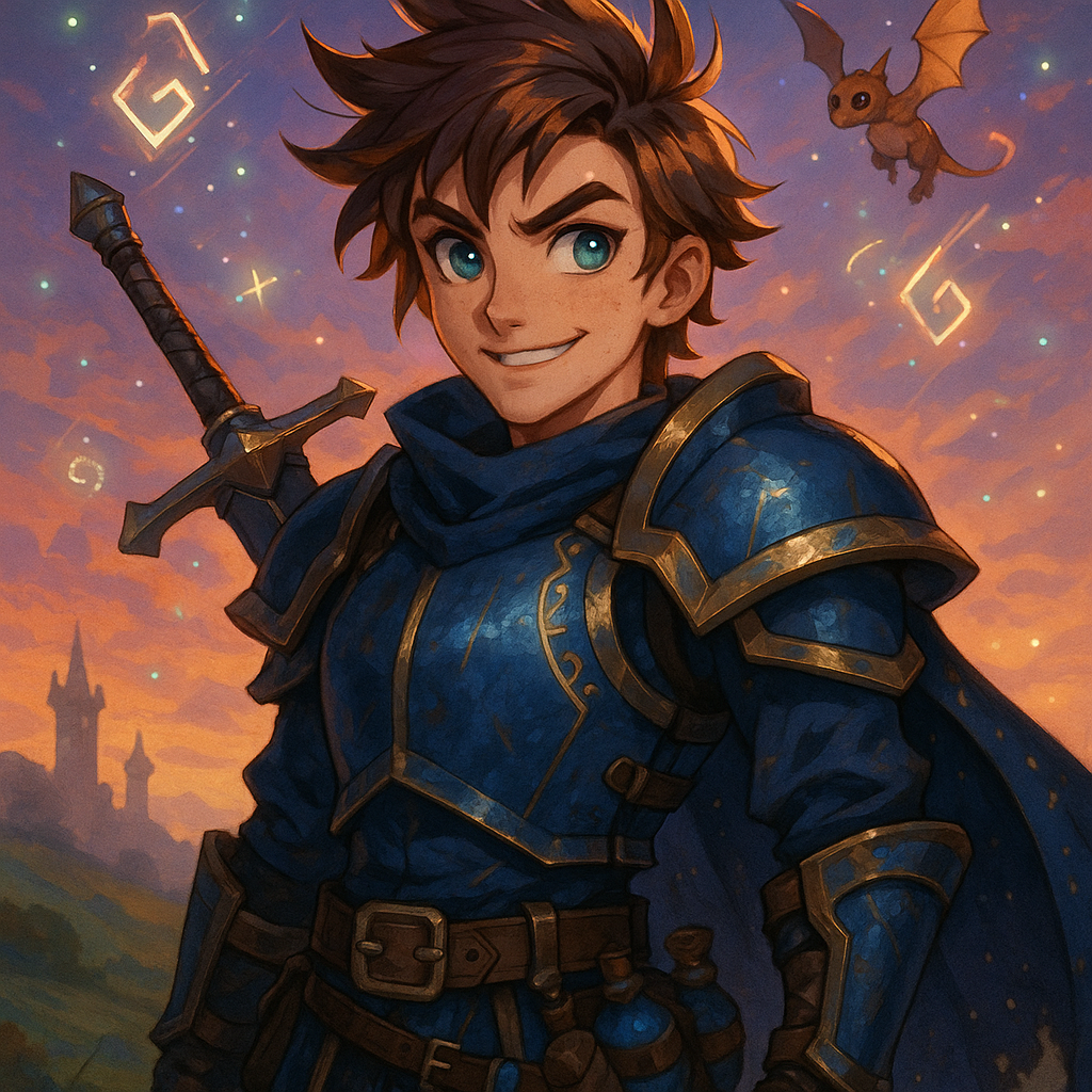 Theme/ Overall Style

Epic Fantasy Adventurer in a Runescape‑style universe.

Anime-inspired exaggeration of features: big expressive eyes stylized hair slightly sharper facial structure for heroic effect.

Semi-realistic armor textures but with vibrant colors for that animated pop.

Mood: adventurous confident and a little mischievous — perfect for a Twitch profile or gaming avatar.

Hairstyle

Medium-length spiky hair swept slightly back with a wind-blown look suggesting motion/adventure.

Hair color: dark brown with subtle fiery highlights (bronze or copper tips).

Some anime-style exaggerated strands over the forehead for framing the face.

Armor Style

Fantasy medieval plate with magical accents:

Chestplate: sleek metallic with glowing runes etched along the edges.

Shoulder pads: angular slightly oversized for anime exaggeration.

Gauntlets: leather with reinforced metal plating.

Color scheme: deep blue / silver / bronze accents giving both heroic and classic Runescape vibes.

Optional cloak or cape: dark navy with faint shimmering stars slightly tattered at the end for adventurer effect.

Expression / Face

Confident smirk with slightly raised eyebrow giving a playful yet fearless vibe.

Eyes: sharp large anime-style eyes with subtle gradient glow (blue or green).

Slight freckles or small scar across one cheek for personality.

Chin and jawline strong but not overly rugged — stylized heroic look.

Background Features

Animated / magical landscape:

Rolling hills with faint silhouettes of ancient towers or castles.

Glowing magical runes floating in the air (anime sparkle effect).

Slightly glowing sky gradient (sunset orange fading into twilight purple).

Optional elements: small flying familiar (like a tiny dragon or magical orb) hovering nearby.

Outfit / Accessories

Sword or staff strapped to back with intricate runes on the blade/staff.

Belt with pouches potions and adventuring tools for Runescape RPG feel.

Boots: leather slightly worn with metal plating.

Gloves: leather fingerless for dexterity.

Overall Style

Semi-realistic anime: Runescape-inspired textures and proportions with animated exaggeration.

Vibrant bold colors for armor and hair highlights.

Slight glow around magical features (runes eyes magical items).

Pose: three-quarters view dynamic angle maybe slightly turned with weapon visible for adventurous energy.