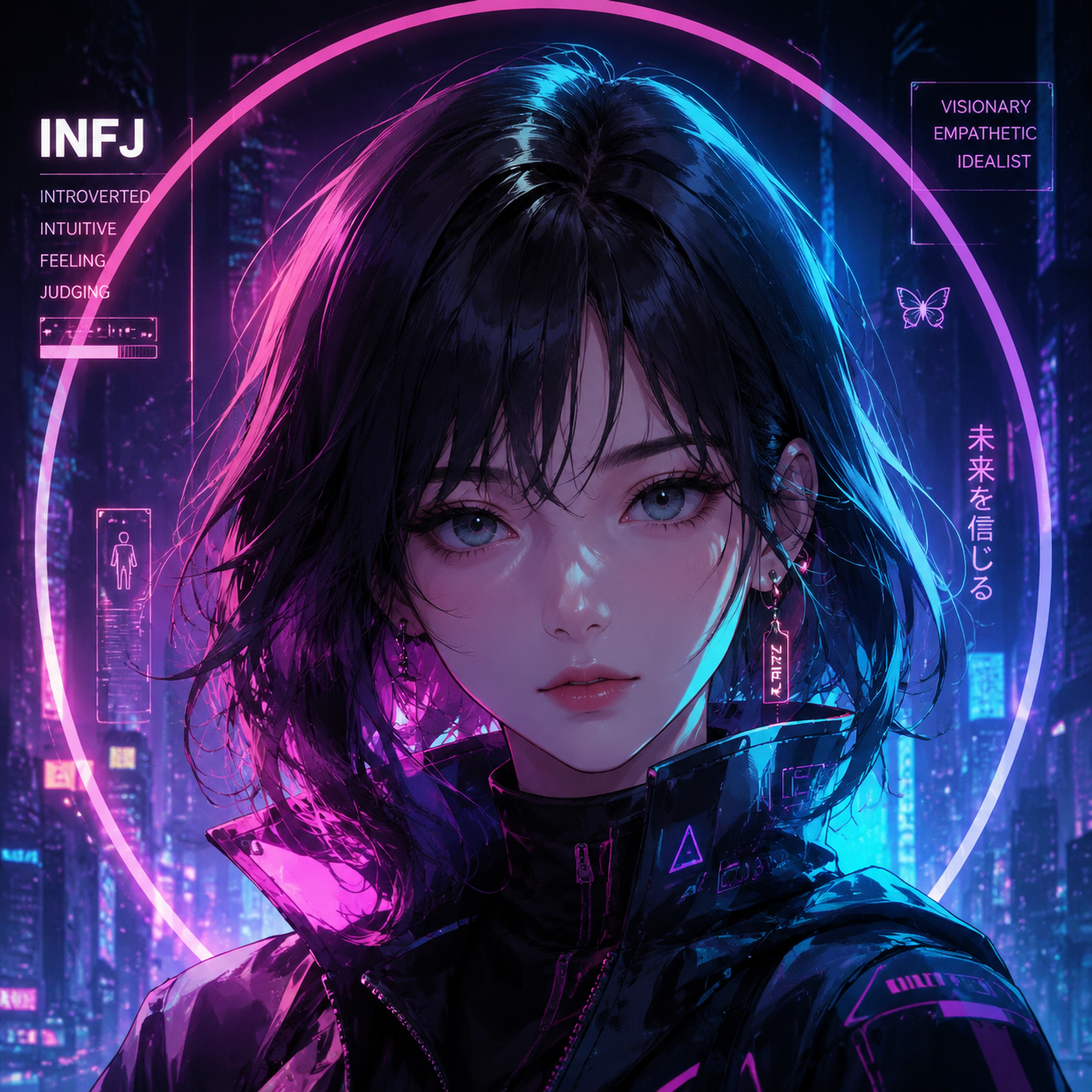 Createan original wholesome non-sexual anime profile picture based on the description. 生成infj头像. cyberpunk anime portrait aesthetic futuristic fashion neon city lighting subtle technological details vivid magenta and cyan accents cinematic contrast. centered profile-picture composition head-and-shoulders framing clear facial features coherent anatomy polished lighting clean background separation high detail high resolution - cyberpunk anime profile picture Createan original wholesome non-sexual anime profile picture based on the description. 生成infj头像. cyberpunk anime portrait aesthetic futuristic fashion neon city lighting subtle technological details vivid magenta and cyan accents cinematic contrast. centered profile-picture composition head-and-shoulders framing clear facial features coherent anatomy polished lighting clean background separation high detail high resolution - cyberpunk anime profile picture