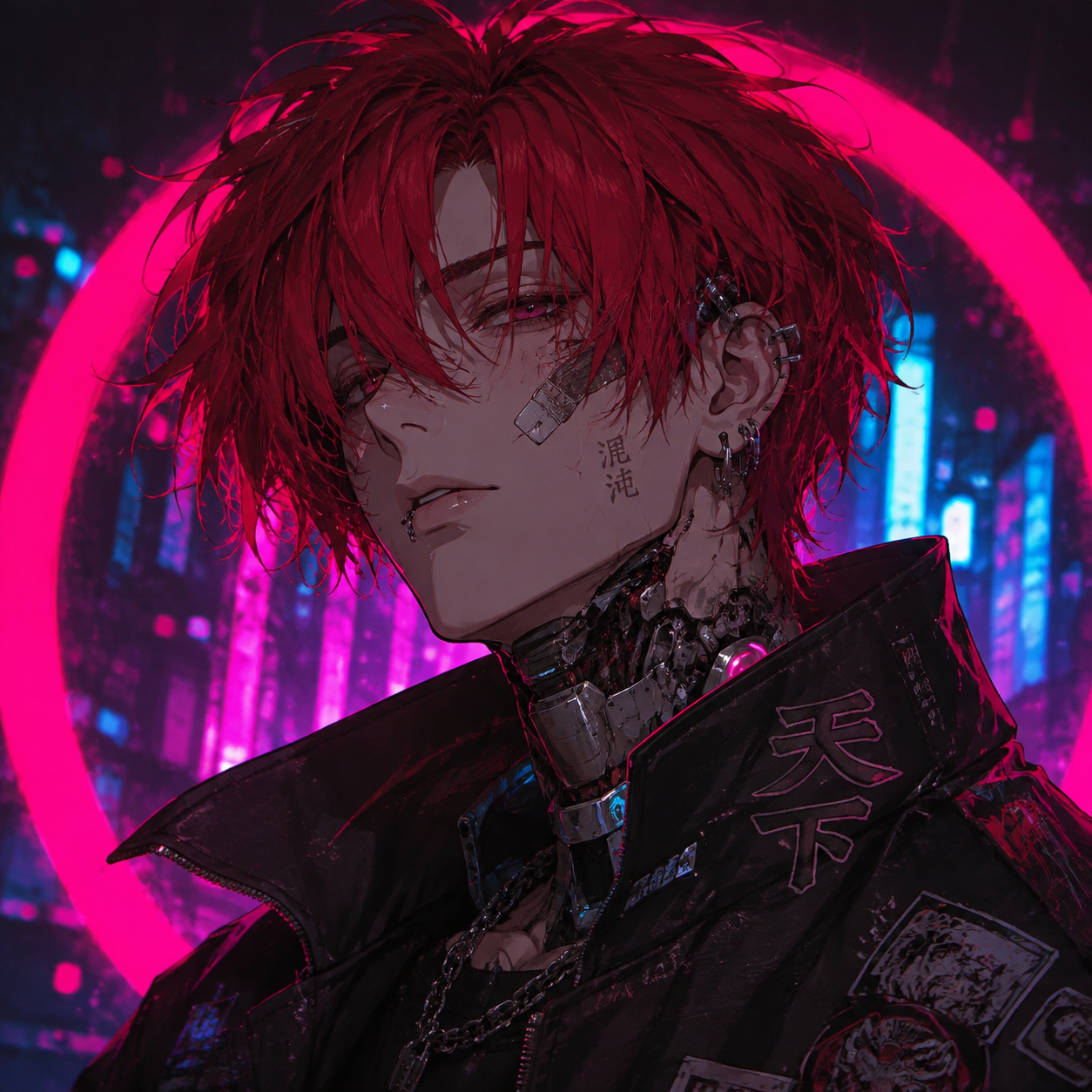 Createan original wholesome non-sexual anime profile picture based on the description. 红发 喉咙有义体 混混装 摇青的颓废感. cyberpunk anime portrait aesthetic futuristic fashion neon city lighting subtle technological details vivid magenta and cyan accents cinematic contrast. centered profile-picture composition head-and-shoulders framing clear facial features coherent anatomy polished lighting clean background separation high detail high resolution - cyberpunk anime profile picture Createan original wholesome non-sexual anime profile picture based on the description. 红发 喉咙有义体 混混装 摇青的颓废感. cyberpunk anime portrait aesthetic futuristic fashion neon city lighting subtle technological details vivid magenta and cyan accents cinematic contrast. centered profile-picture composition head-and-shoulders framing clear facial features coherent anatomy polished lighting clean background separation high detail high resolution - cyberpunk anime profile picture