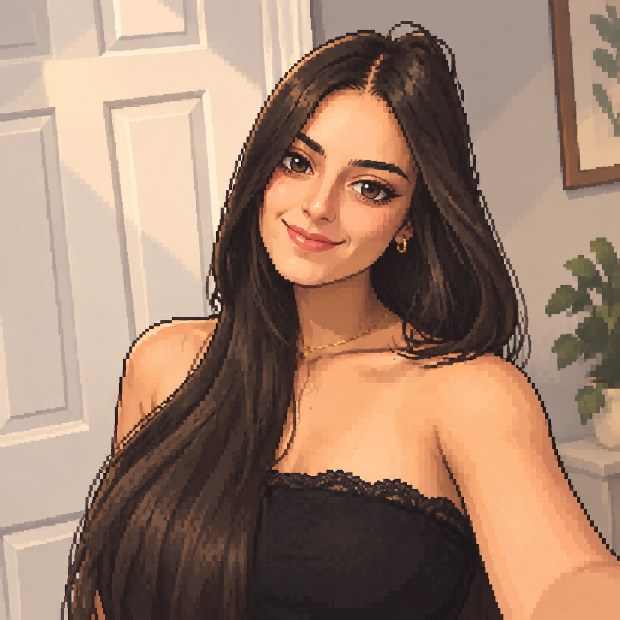 Restylethe reference image while keeping the subject recognizably the same person. Keep the subject's perceived gender presentation approximate age main facial features skin tone hairstyle hair length and hair color close to the reference image. Keep the pose clothing accessories and composition broadly similar when practical while allowing natural adjustments for the selected style and aspect ratio. Apply the selected style without redesigning the subject as a completely different character. Keep the result wholesome and non-sexual. An original adult anime character with a friendly confident expression polished hairstyle tasteful modern outfit and a clean softly lit background. high-quality pixel art anime portrait deliberate pixel clusters limited harmonious palette crisp silhouette readable facial features retro game aesthetic. faithful style transfer recognizable subject coherent anatomy polished lighting high detail high resolution - pixel art anime profile picture