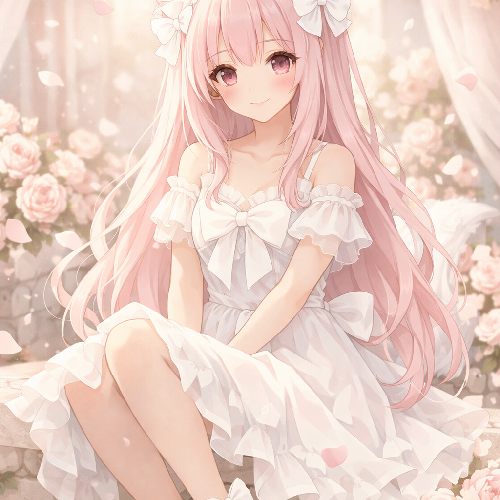 粉色的长发，带着白色蝴蝶头饰，一身白色的裙子，白色鞋子，带着白色蝴蝶结，有一双白色狐狸耳朵