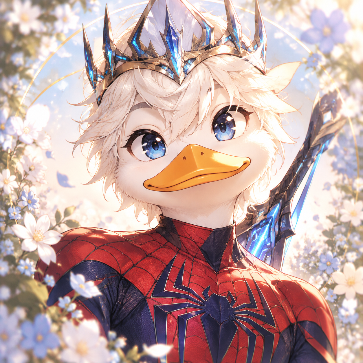 Createan original wholesome non-sexual anime profile picture based on the description. spider man duck no mask tecno blade crown animai. shoujo-inspired anime portrait aesthetic elegant linework soft luminous colors expressive eyes delicate floral or bokeh accents graceful lighting. centered profile-picture composition head-and-shoulders framing clear facial features coherent anatomy polished lighting clean background separation high detail high resolution - shoujo anime profile picture