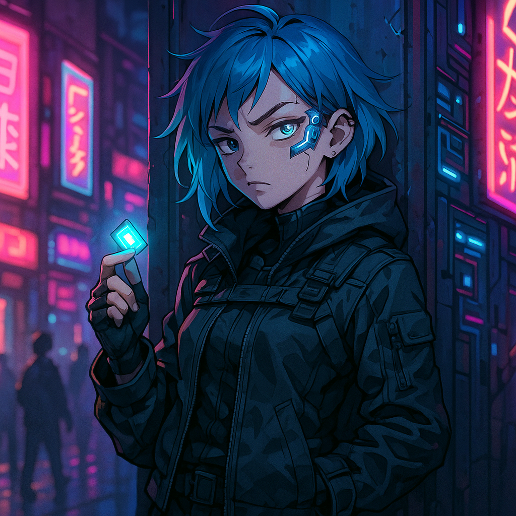 一个身着暗色机能服、留着电光蓝色短发的女孩倚靠在霓虹闪烁的小巷墙边,她的左眼装有发光的义体改造,脸上带着叛逆不羁的神情。手指不停把玩着一枚发光的数据芯片,警惕地注视着来往的行人。 一个身着暗色机能服、留着电光蓝色短发的女孩倚靠在霓虹闪烁的小巷墙边,她的左眼装有发光的义体改造,脸上带着叛逆不羁的神情。手指不停把玩着一枚发光的数据芯片,警惕地注视着来往的行人。