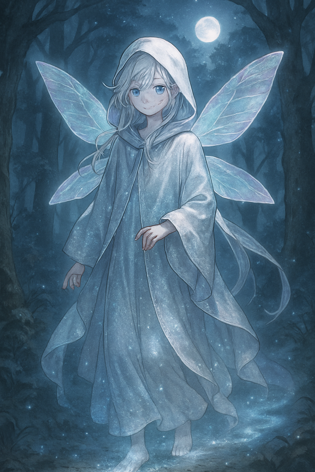 Amysterious figure emerges from the ancient forestloaked in shimmering silver robes that dance with ethereal light. Their alabaster skin glows softly in the moonlight while iridescent wings delicate as gossamer unfold gracefully behind them. Eyes like starlit pools reflect centuries of wisdom yet sparkle with childlike curiosity. They move with fluid grace leaving trails of luminescent footprints that fade into the mist while their gentle whispers seem to carry the secrets of the universe.