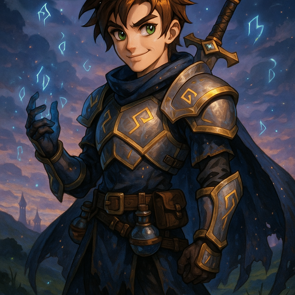 Aheroic male adventurer with anime-style features inspired by Runescape. He has medium-length spiky dark brown hair with copper highlights large expressive green eyes and a sly smirk radiating confidence and adventure. His armor is sleek metallic and etched with glowing runes; angular shoulder pads gauntlets and boots mix leather and metal paired with a tattered navy-blue cloak dotted with faint magical sparkles. A rune-etched sword rests on his back while a belt holds potions and tools. The background features rolling hills distant towers floating runes and a twilight sky creating a magical adventurous and animated fantasy vibe.