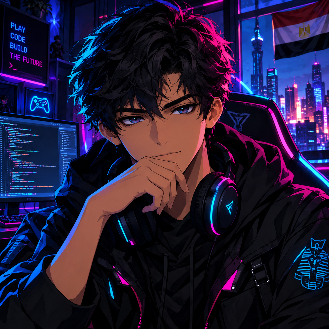 Createan original wholesome non-sexual anime profile picture based on the description. An original adult anime Create a square 1:1 profile picture designed specifically for a teenage Egyptian gamer and coder. The character should have a confident slightly mysterious vibe representing gaming programming technology and a dark aesthetic. Make it feel like a personal identity not a. cyberpunk anime portrait aesthetic futuristic fashion neon city lighting subtle technological details vivid magenta and cyan accents cinematic contrast. centered profile-picture composition head-and-shoulders framing clear facial features coherent anatomy polished lighting clean background separation high detail high resolution - cyberpunk anime profile picture Createan original wholesome non-sexual anime profile picture based on the description. An original adult anime Create a square 1:1 profile picture designed specifically for a teenage Egyptian gamer and coder. The character should have a confident slightly mysterious vibe representing gaming programming technology and a dark aesthetic. Make it feel like a personal identity not a. cyberpunk anime portrait aesthetic futuristic fashion neon city lighting subtle technological details vivid magenta and cyan accents cinematic contrast. centered profile-picture composition head-and-shoulders framing clear facial features coherent anatomy polished lighting clean background separation high detail high resolution - cyberpunk anime profile picture