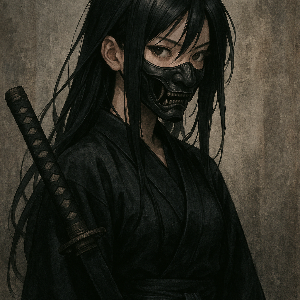 Makeme an Anime samurai style i want a cool and mysterious type of look possibly maybe just black hair halfway on mask make it look crispy