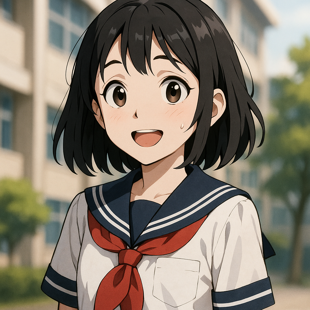 一个留着齐肩黑色长发、眼睛明亮清澈、身着水手服校服的15岁少女，乐观积极但有些笨拙，经常在校园和闺蜜嬉笑打闹，也会为暗恋的学长默默加油。