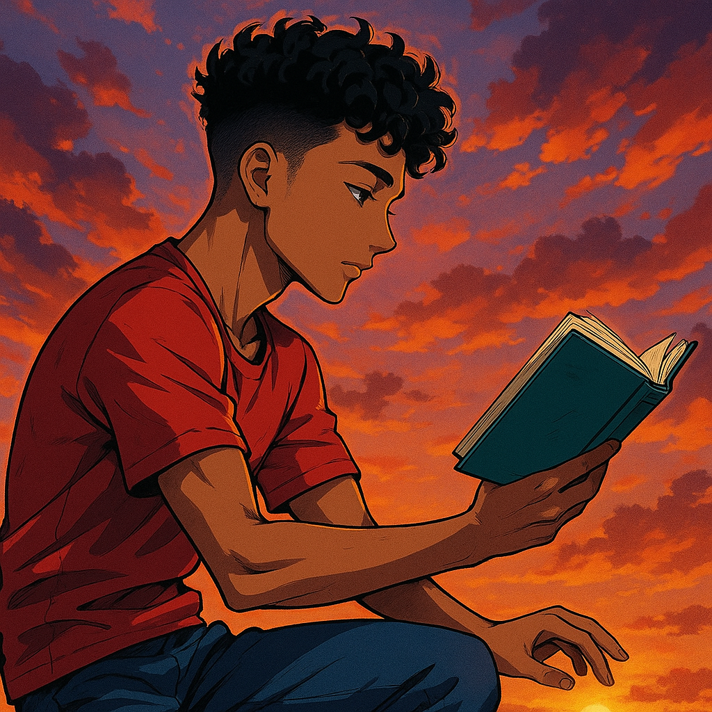 -Hairstyle:Curly black hair taper fade
- Expression: Calm face
-View: Side profile reading a book
-Background: Sunset