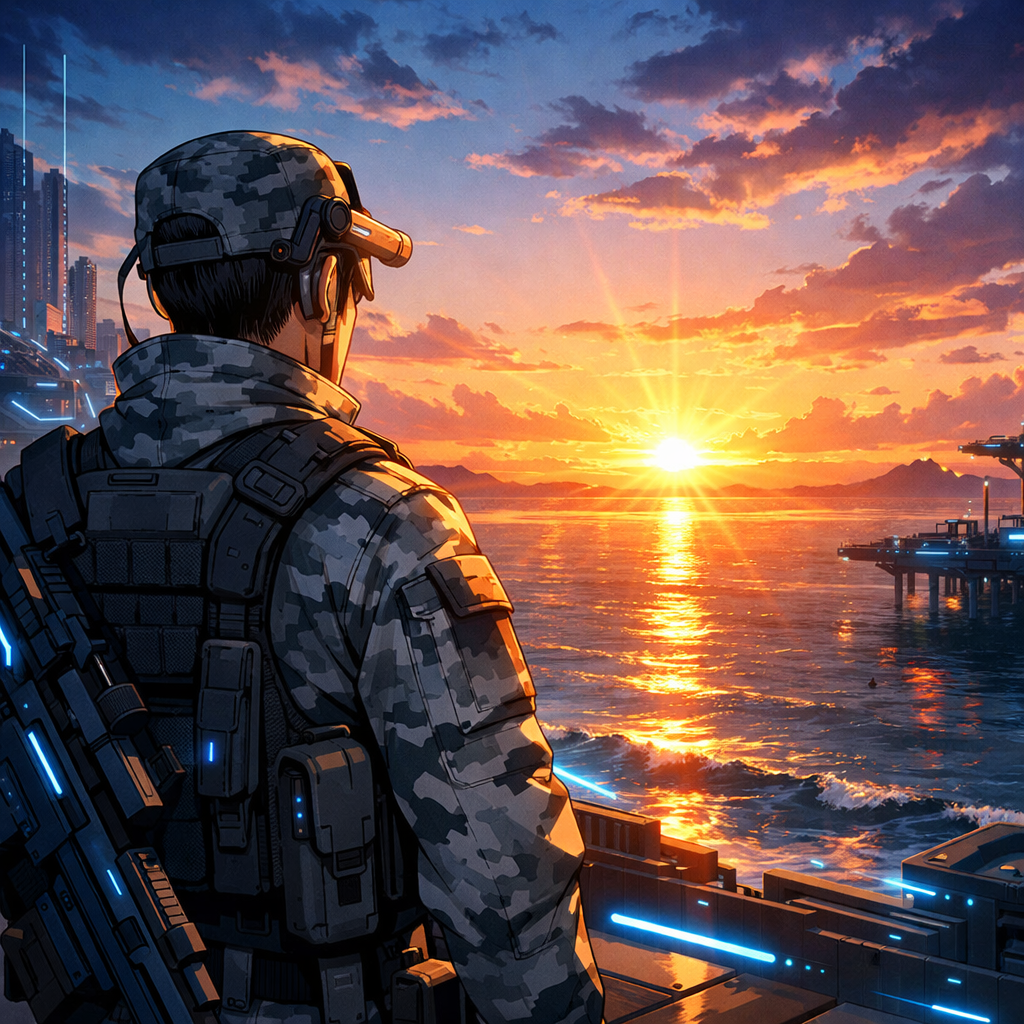 军人身穿迷彩服，望向远方海边日出，日光渐显，未来可期