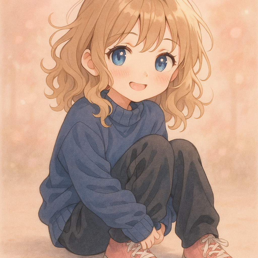 11year old girl light brown light curly hair pink convers playful smile blushing oversized sweater ticked in dark blue.wide sweatpants black wide legged very very very animie ish and blue eys