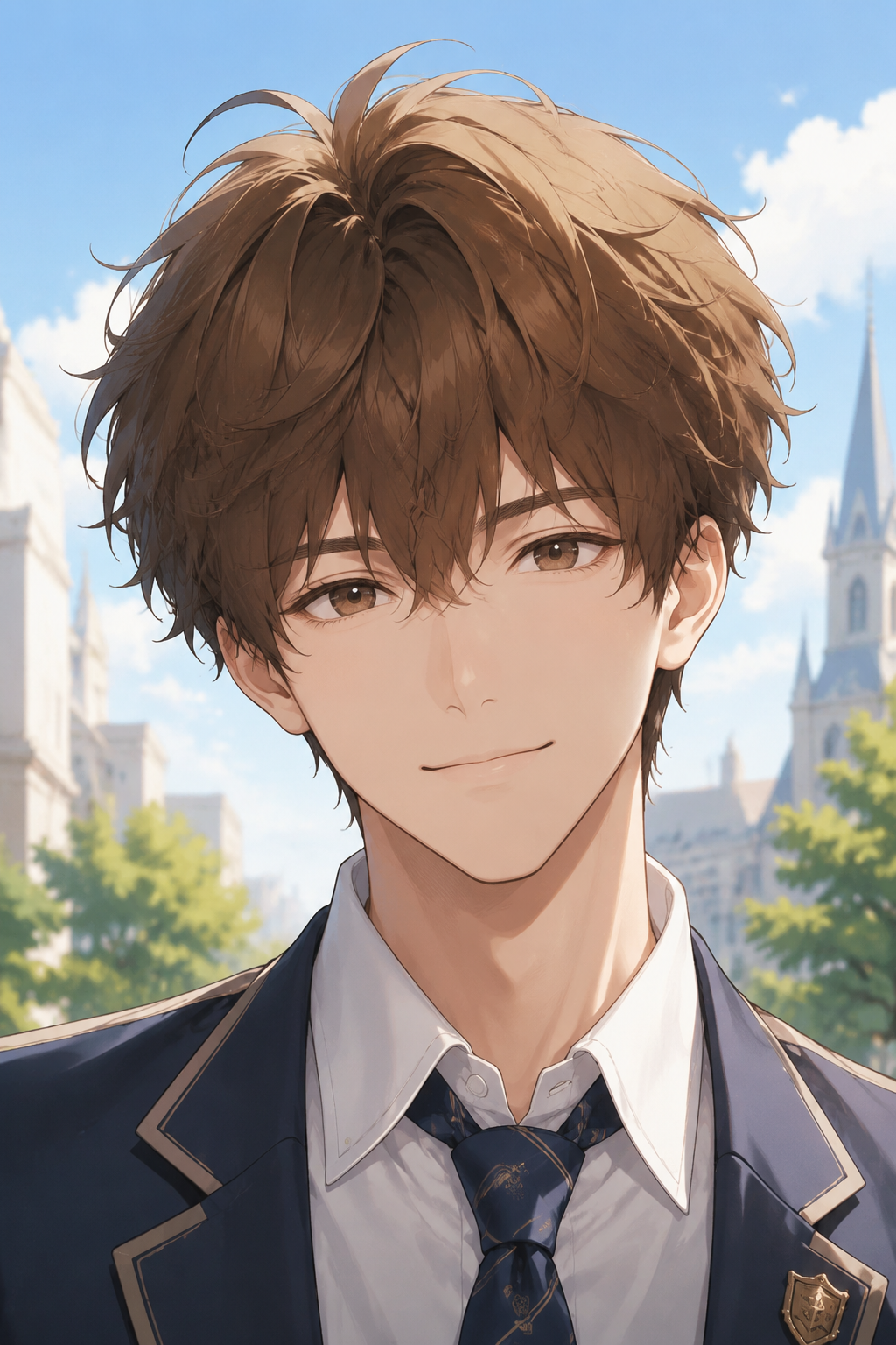 Createan original wholesome non-sexual anime profile picture based on the description. Hair style fluffy brown boy hair only head picture. wholesome academy-inspired anime portrait aesthetic adult character neat school-inspired outfit bright campus atmosphere natural pose clean daylight non-sexual presentation. centered profile-picture composition head-and-shoulders framing clear facial features coherent anatomy polished lighting clean background separation high detail high resolution - school anime profile picture Createan original wholesome non-sexual anime profile picture based on the description. Hair style fluffy brown boy hair only head picture. wholesome academy-inspired anime portrait aesthetic adult character neat school-inspired outfit bright campus atmosphere natural pose clean daylight non-sexual presentation. centered profile-picture composition head-and-shoulders framing clear facial features coherent anatomy polished lighting clean background separation high detail high resolution - school anime profile picture
