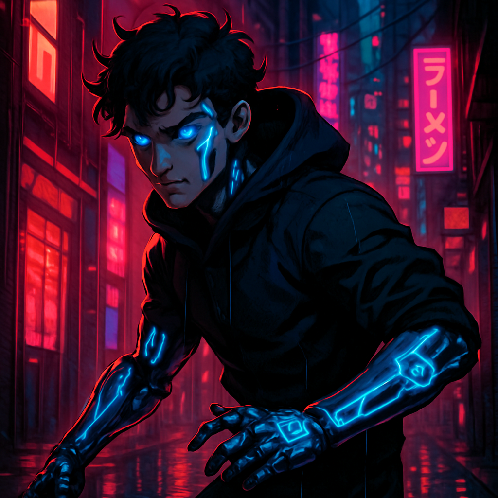 Aneon-lit alley warrior with chrome-plated limbs and luminescent tattoos their eyes glowing with neural implants moves silently through the rain-slicked streets of a towering megacity driven by a fierce independence and ruthless survival instinct.A mysterious anime boy with dark curly hair intense sharp eyes and a slight smirk. The background is deep red and black. The character wears a dark hoodie and his face is half-covered in shadows. He looks confident and calm perfect for horror and mystery storytelling."