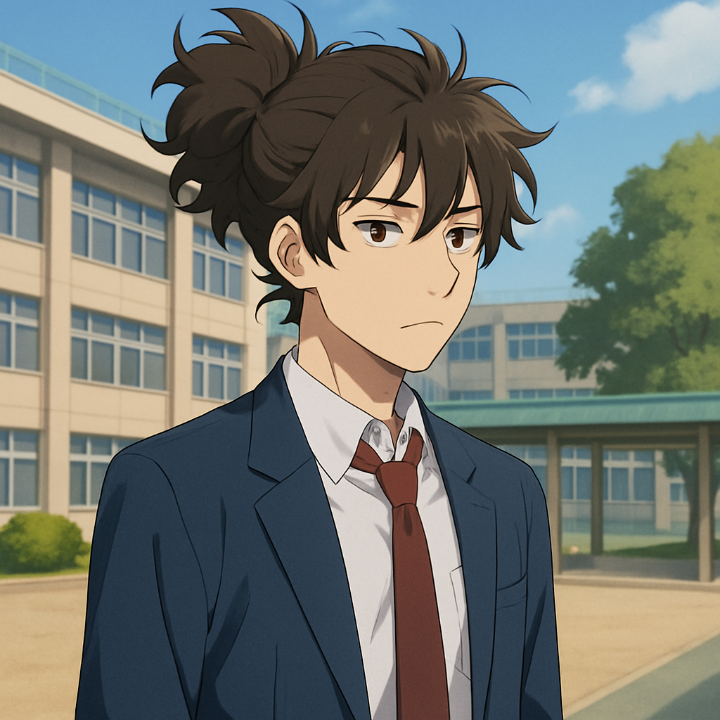 animepfp of a man with big messy tied hair having a neutral face expression with a long sleeve dress shirt