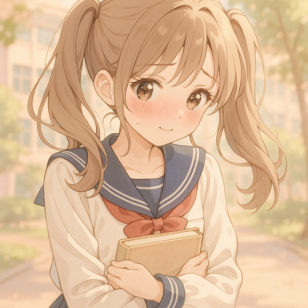 一位身穿水手服、扎着双马尾的少女，眼睛闪烁着天真纯净的光芒，性格活泼开朗却也带着些许害羞，在校园里经常抱着书本小跑，遇到暗恋的学长时会脸红低头，却又忍不住偷瞄。