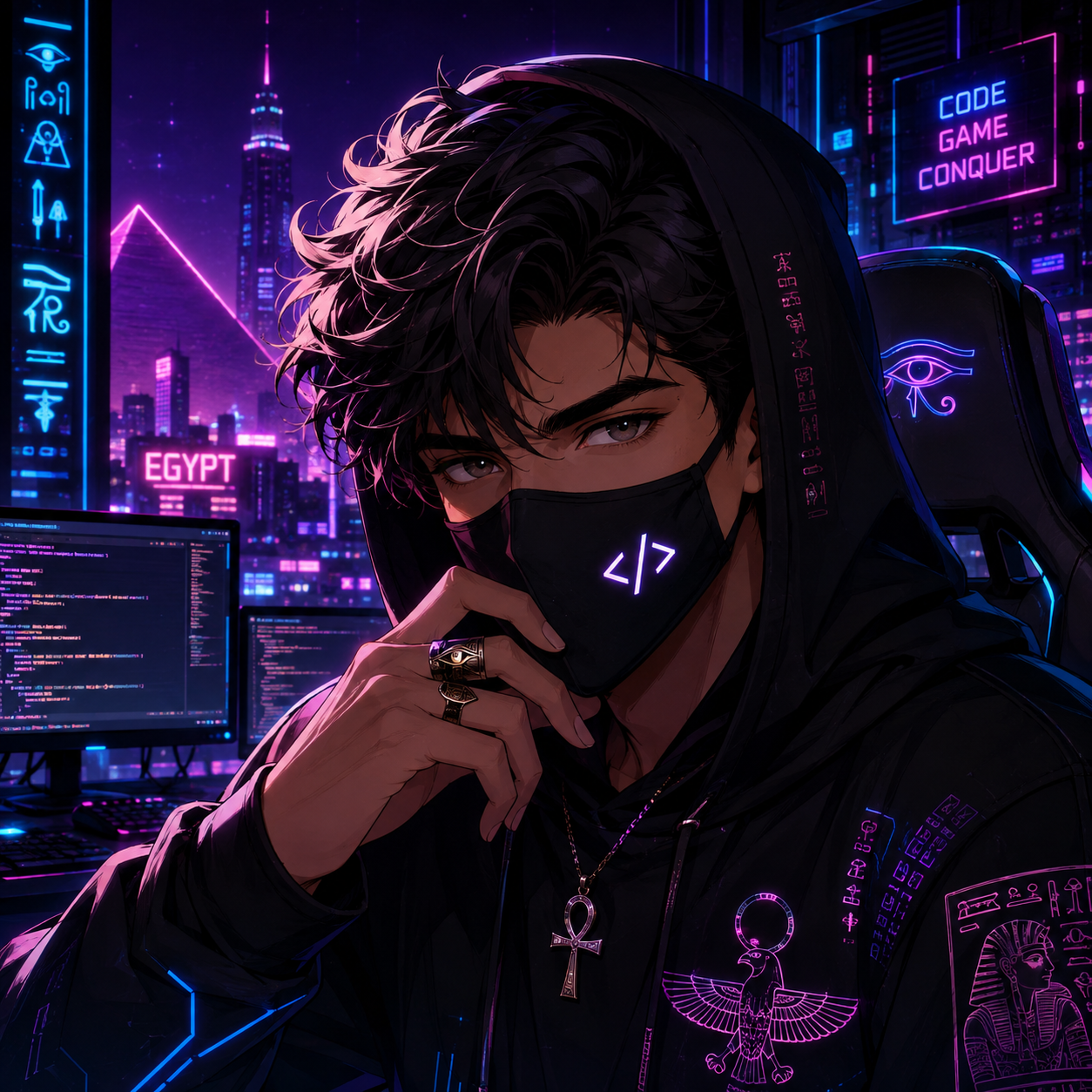 Createan original wholesome non-sexual anime profile picture based on the description. An original adult anime Create a square 1:1 profile picture designed specifically for a teenage Egyptian gamer and coder. The character should have a confident slightly mysterious vibe representing gaming programming technology and a dark aesthetic. Make it feel like a personal identity not a. cyberpunk anime portrait aesthetic futuristic fashion neon city lighting subtle technological details vivid magenta and cyan accents cinematic contrast. centered profile-picture composition head-and-shoulders framing clear facial features coherent anatomy polished lighting clean background separation high detail high resolution - cyberpunk anime profile picture Createan original wholesome non-sexual anime profile picture based on the description. An original adult anime Create a square 1:1 profile picture designed specifically for a teenage Egyptian gamer and coder. The character should have a confident slightly mysterious vibe representing gaming programming technology and a dark aesthetic. Make it feel like a personal identity not a. cyberpunk anime portrait aesthetic futuristic fashion neon city lighting subtle technological details vivid magenta and cyan accents cinematic contrast. centered profile-picture composition head-and-shoulders framing clear facial features coherent anatomy polished lighting clean background separation high detail high resolution - cyberpunk anime profile picture