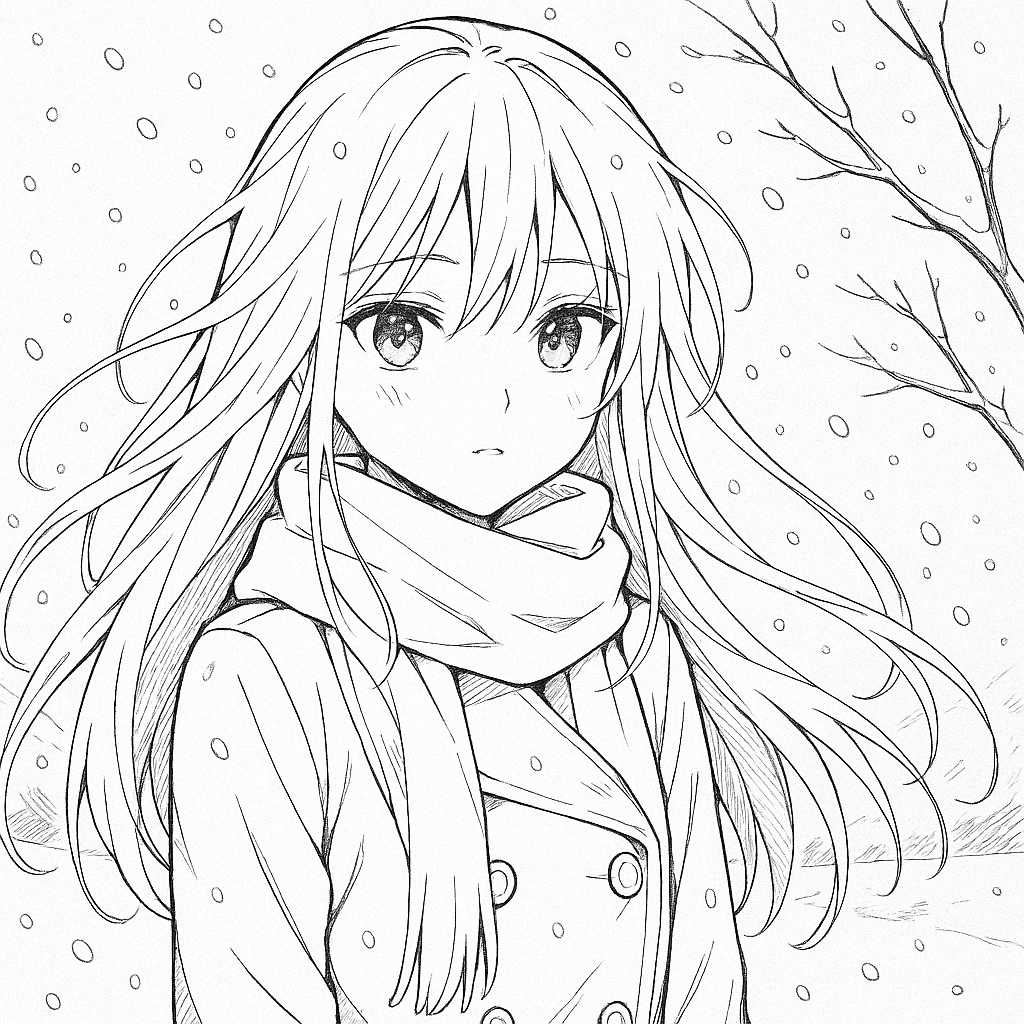 黑白线性风，白发雪天少女