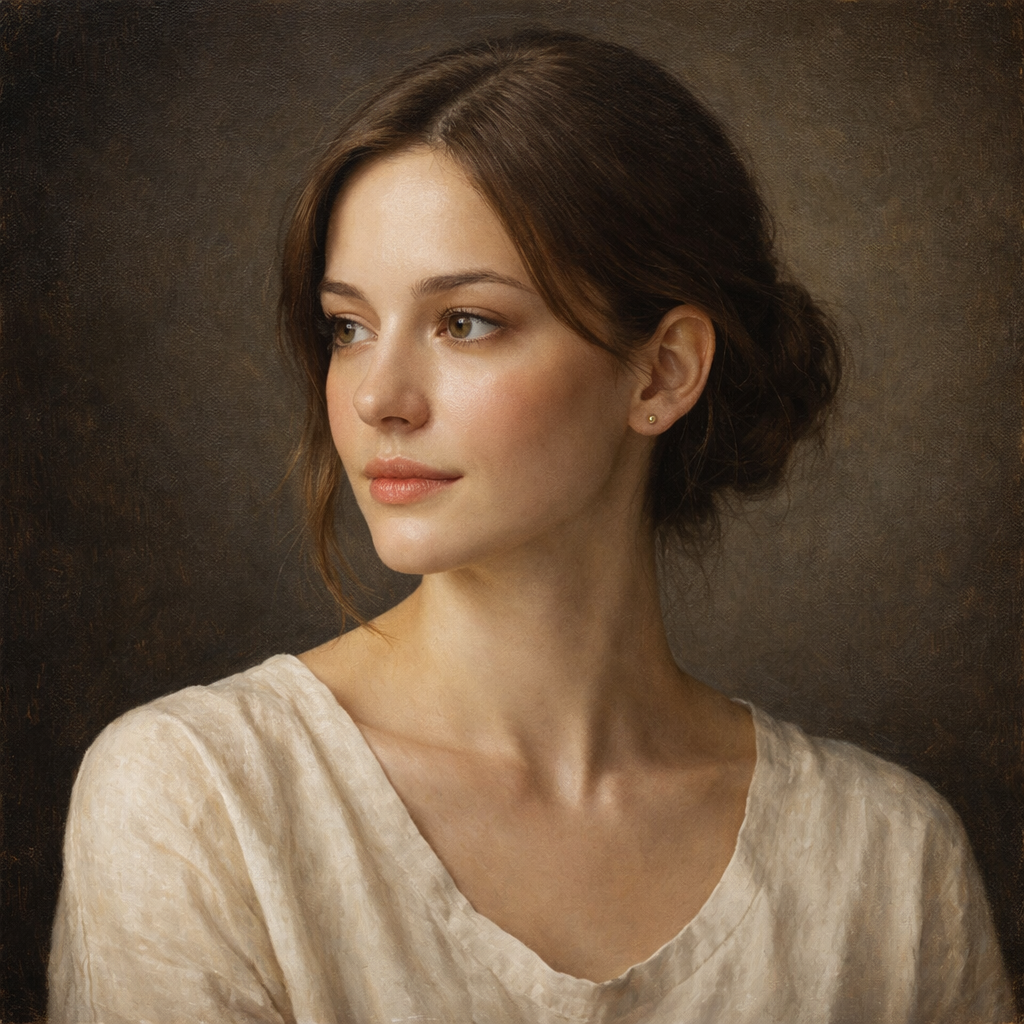 Realism portrait painting example with clean facial detail and balanced studio lighting