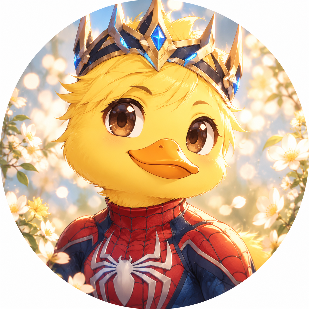 Createan original wholesome non-sexual anime profile picture based on the description. spider man duck no mask tecno blade crown animai yellow duck wit brown eyes anima. shoujo-inspired anime portrait aesthetic elegant linework soft luminous colors expressive eyes delicate floral or bokeh accents graceful lighting. centered profile-picture composition head-and-shoulders framing clear facial features coherent anatomy polished lighting clean background separation high detail high resolution - shoujo anime profile picture