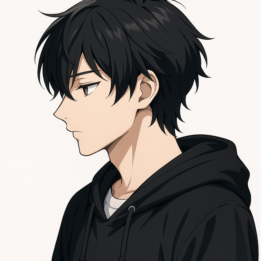 Ahighly detailed 2D anime-style character illustration close-up portrait side pofile facing right.
Character: a young male with slightly messy medium-length black hair soft natural shine individual strands visible layered bangs falling over his forehead slightly covering his eyes. His eyes are sharp and expressive grayish-black with subtle highlights showing a calm and thoughtful mood. He has fair skin a defined jawline and a slender neck.
Outfit: wearing a casual black hoodie with visible drawstrings slightly loose fit over a plain white T-shirt. Hoodie texture looks soft and realistic fabric folds natural.
Pose: neutral side profile head slightly tilted downward expression calm and introspective lips relaxed.
Style: clean anime linework smooth cel-shading with soft gradient shadows detailed hair shading high-resolution art similar to modern anime illustrations.
Background: plain solid white background with no distractions keeping focus entirely on the character.
Lighting: soft and even lighting gentle highlights on hair and skin for depth.