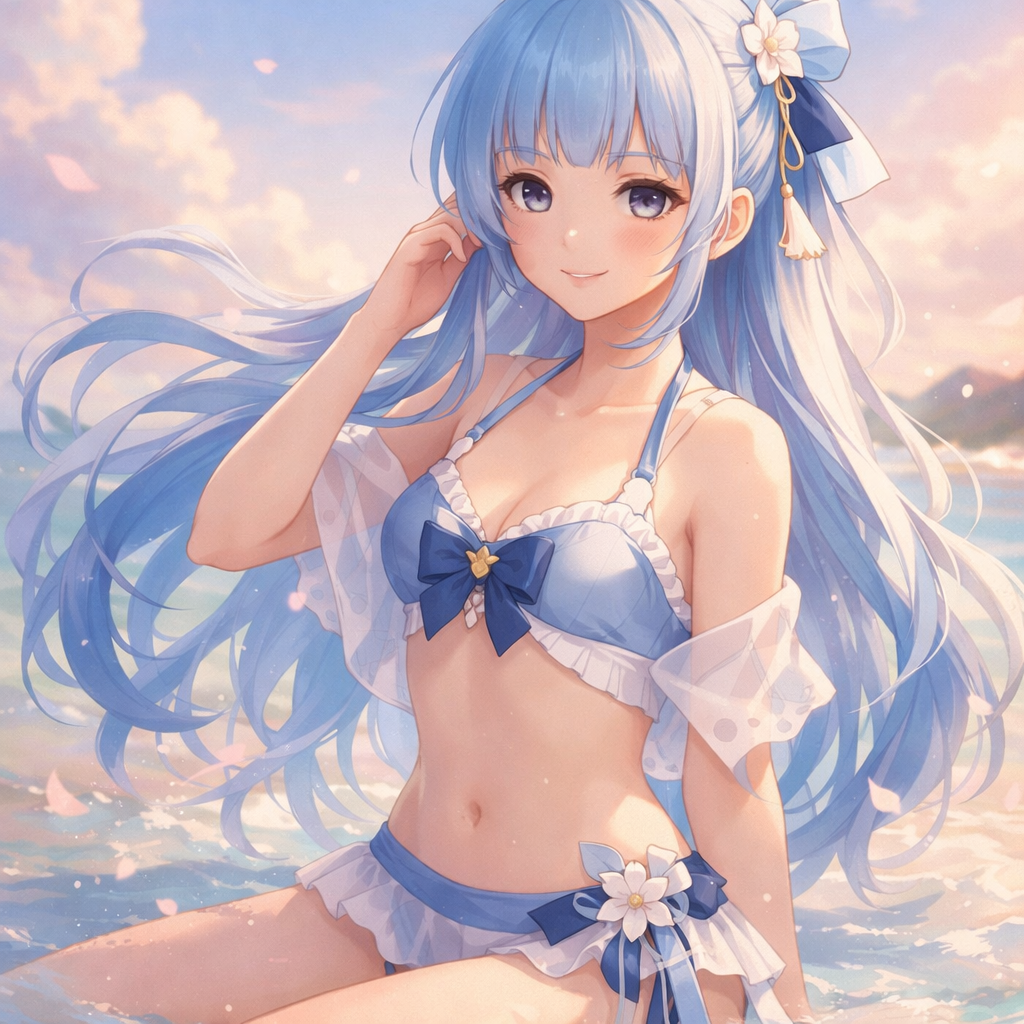 神里绫华泳装,蓝色长发飘逸,微笑 神里绫华泳装,蓝色长发飘逸,微笑