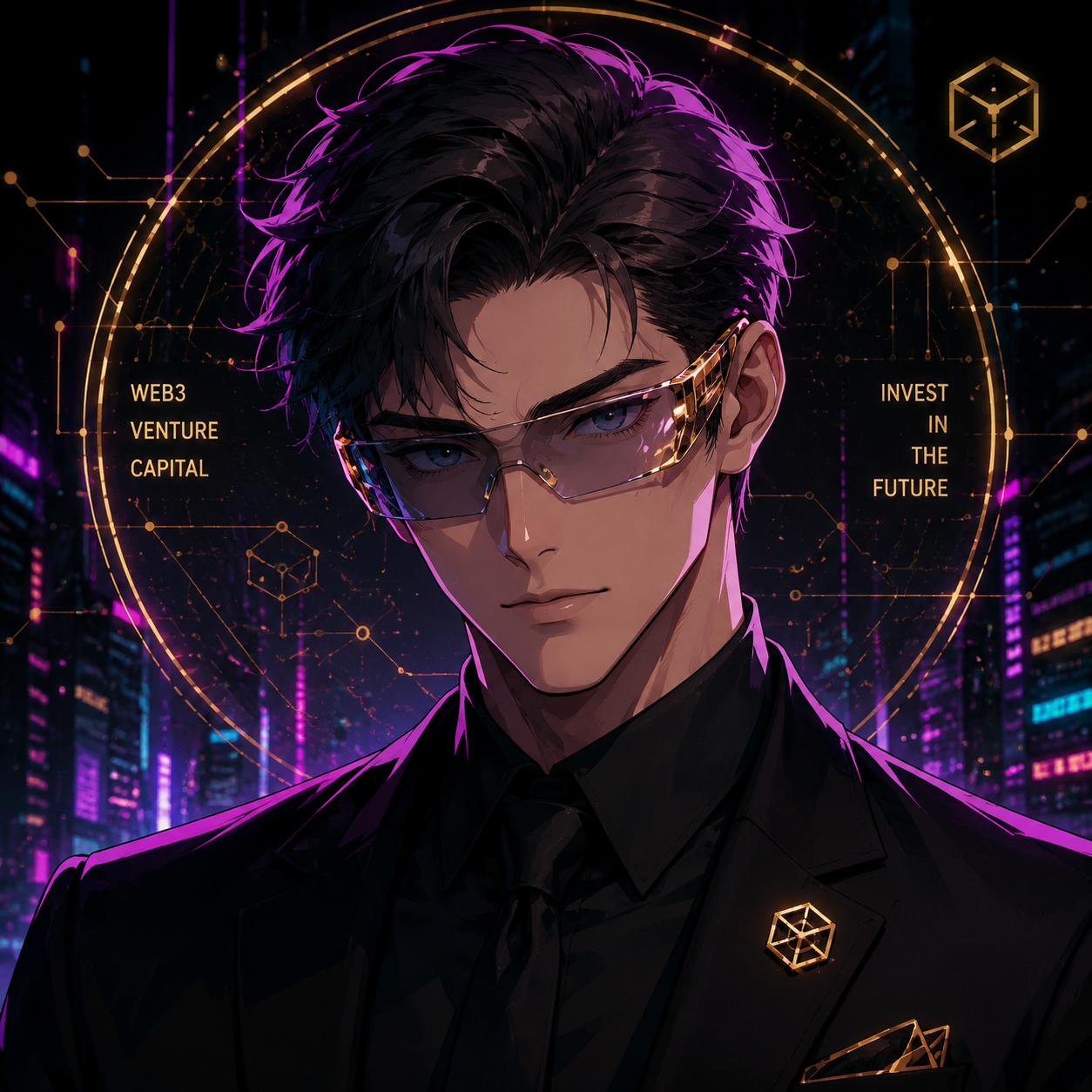 Createan original wholesome non-sexual anime profile picture based on the description. Discord 赛博朋克动漫头像Web3 venture capitalist avatar anime cyberpunk businessman black suit futuristic glasses minimal luxury style dark background gold blockchain patterns professional investor vibe calm intelligent expression premium NFT PFP cinematic lighting 4K detail. cyberpunk anime portrait aesthetic futuristic fashion neon city lighting subtle technological details vivid magenta and cyan accents cinematic contrast. centered profile-picture composition head-and-shoulders framing clear facial features coherent anatomy polished lighting clean background separation high detail high resolution - cyberpunk anime profile picture Createan original wholesome non-sexual anime profile picture based on the description. Discord 赛博朋克动漫头像Web3 venture capitalist avatar anime cyberpunk businessman black suit futuristic glasses minimal luxury style dark background gold blockchain patterns professional investor vibe calm intelligent expression premium NFT PFP cinematic lighting 4K detail. cyberpunk anime portrait aesthetic futuristic fashion neon city lighting subtle technological details vivid magenta and cyan accents cinematic contrast. centered profile-picture composition head-and-shoulders framing clear facial features coherent anatomy polished lighting clean background separation high detail high resolution - cyberpunk anime profile picture